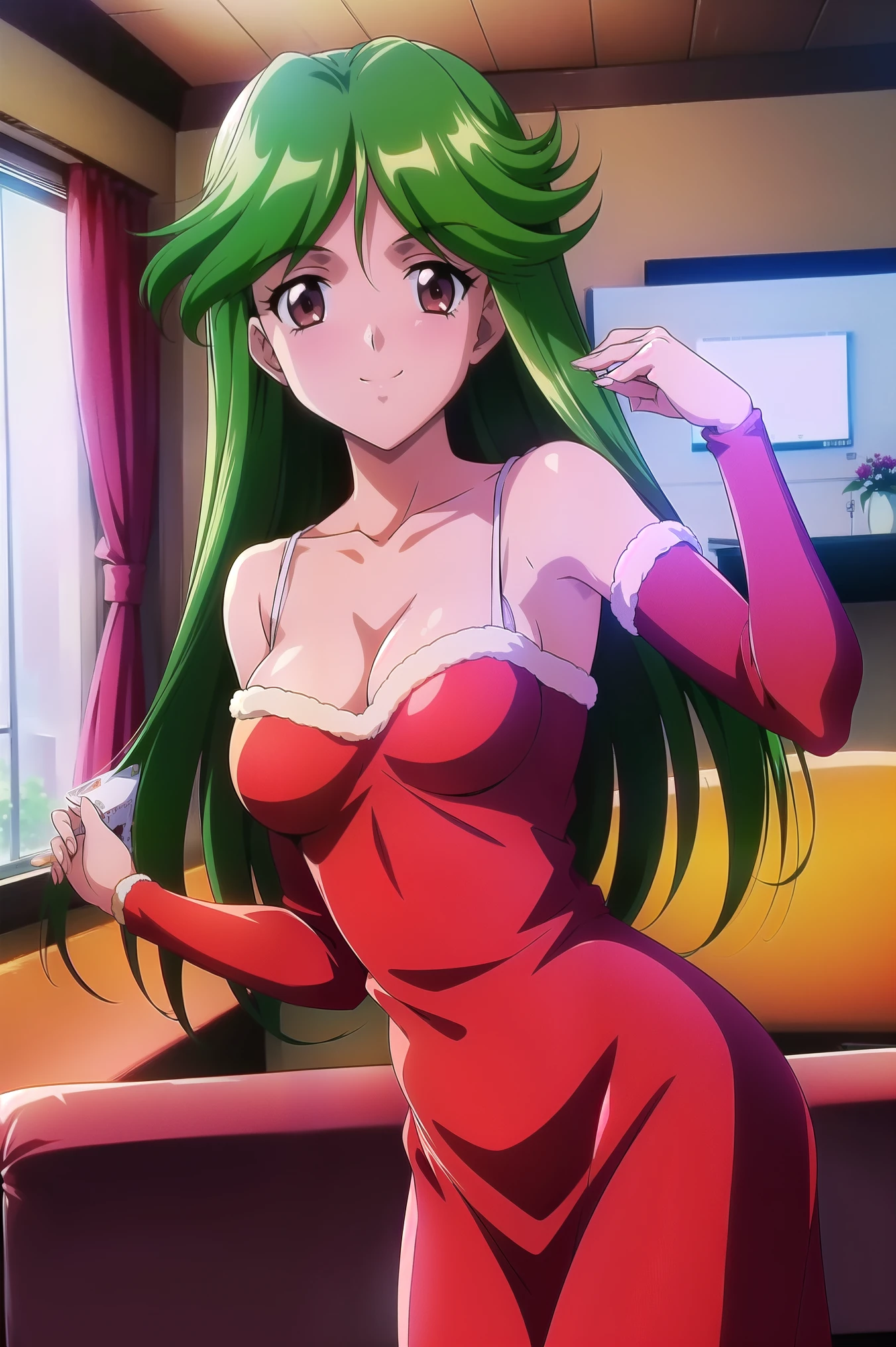 Kasumi Aso, (cowboy shot),  long hair,  green hair ,  brown eyes,  small breasts,  cleavage, ( Santa Outfit:1.2), ( Sexy Poses :1.2), (Red cheeks:1.2), ( bright smile:1.2), ( living room:1.3),  score_9,  score_8_superior,  score_7_superior,  source_anime, (best quality:1.2), 細部までこだわったanime, natural body shape,  high quality , full color, 8k,  High Definition 