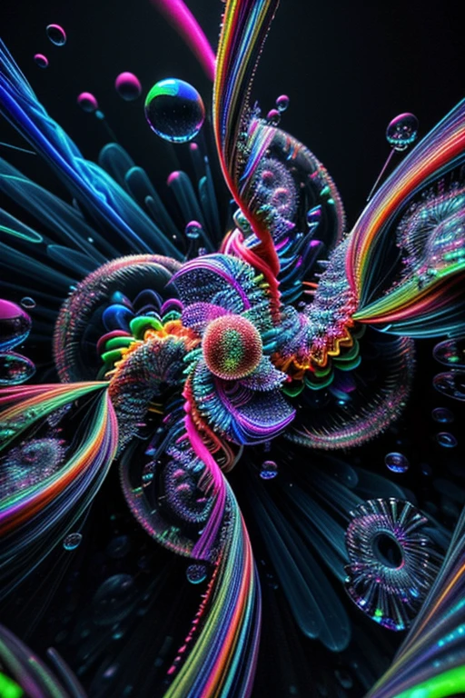 A spiraling vortex of beautiful bubbles of different neon colors swirling over and under each other, LSD, DMT imagery, psychedelic droplets of water, abstract liquid, and intricate rainbow art. octane render, black 3d fluid simulation,ethereal bubbles, swirling multicolored liquids against a pitch black background and highly detailed, octane render, reflective rainbow bubbles, twisted colors inside of glass spheres, Psilocybin Dream inside an amazing image of light emerging from colors in a shimmering glass morphing out of colors, bright neon and fluorescent colors,very bright, vibrant colors, perfectly formed and symmetrical reflective bubbles and spheres, attention to detail with these beautiful bubbles and spheres, Extreme Hallucinations in a gorgeous piece of  psychedelic digital artwork, Stunning, pixel art, tripped out colors, 4d mandelbulb psychedelics, glass like psychedelic landscape, intricate rainbow environment, psychedelic underwater brightness and glow with neon colors, glowing colors twist inside of translucent glass spheres and bubbles with light and color reflecting off of both in bright fluorescent colors, psychedelic trip, fluorescent and neon aesthetic, psychedelic vibrant colors, bright psychedelic paint splattered backgrounds,swirling spirals and vortex, bright vibrant colors popping out from 3d glass spheres, Rotational Symmetry, Pixel Assets, Portrait photography, Surrealism, Photorealistic, Hyperdetailed, Glass Morphism, Digital Art, Sparkle, Optical Illusion, Glowing Light, Reflective Light, Overexposure, Backlighting, Depth Of Field, Spheres and bubbles show perfect Symmetry, UHD, High Details, High Quality, Super Detailed, Full Focus, Awe inspiring,  Breathtaking, Indescribably Beautiful, Heaven sent images, Best Quality, Award Winning, Masterpiece. psychedelic droplets of water, abstract liquid, and intricate, octane render, black 3d fluid simulation,  