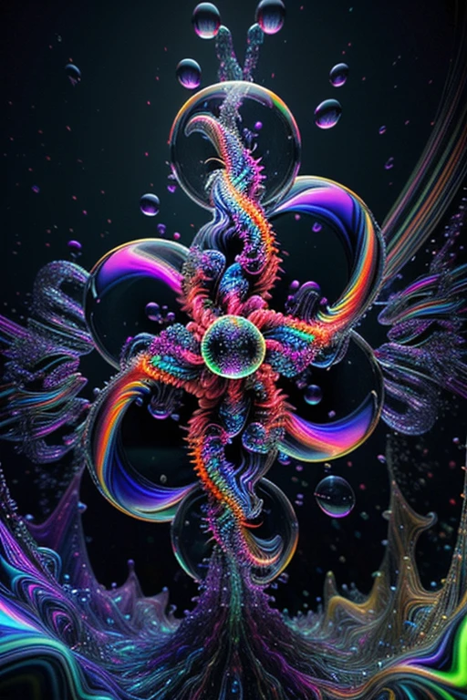 A spiraling vortex of beautiful bubbles of different neon colors swirling over and under each other, LSD, DMT imagery, psychedelic droplets of water, abstract liquid, and intricate rainbow art. octane render, black 3d fluid simulation,ethereal bubbles, swirling multicolored liquids against a pitch black background and highly detailed, octane render, reflective rainbow bubbles, twisted colors inside of glass spheres, Psilocybin Dream inside an amazing image of light emerging from colors in a shimmering glass morphing out of colors, bright neon and fluorescent colors,very bright, vibrant colors, perfectly formed and symmetrical reflective bubbles and spheres, attention to detail with these beautiful bubbles and spheres, Extreme Hallucinations in a gorgeous piece of  psychedelic digital artwork, Stunning, pixel art, tripped out colors, 4d mandelbulb psychedelics, glass like psychedelic landscape, intricate rainbow environment, psychedelic underwater brightness and glow with neon colors, glowing colors twist inside of translucent glass spheres and bubbles with light and color reflecting off of both in bright fluorescent colors, psychedelic trip, fluorescent and neon aesthetic, psychedelic vibrant colors, bright psychedelic paint splattered backgrounds,swirling spirals and vortex, bright vibrant colors popping out from 3d glass spheres, Rotational Symmetry, Pixel Assets, Portrait photography, Surrealism, Photorealistic, Hyperdetailed, Glass Morphism, Digital Art, Sparkle, Optical Illusion, Glowing Light, Reflective Light, Overexposure, Backlighting, Depth Of Field, Spheres and bubbles show perfect Symmetry, UHD, High Details, High Quality, Super Detailed, Full Focus, Awe inspiring,  Breathtaking, Indescribably Beautiful, Heaven sent images, Best Quality, Award Winning, Masterpiece. psychedelic droplets of water, abstract liquid, and intricate, octane render, black 3d fluid simulation,  