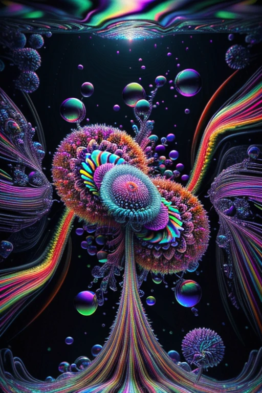 A spiraling vortex of beautiful bubbles of different neon colors swirling over and under each other, LSD, DMT imagery, psychedelic droplets of water, abstract liquid, and intricate rainbow art. octane render, black 3d fluid simulation,ethereal bubbles, swirling multicolored liquids against a pitch black background and highly detailed, octane render, reflective rainbow bubbles, twisted colors inside of glass spheres, Psilocybin Dream inside an amazing image of light emerging from colors in a shimmering glass morphing out of colors, bright neon and fluorescent colors,very bright, vibrant colors, perfectly formed and symmetrical reflective bubbles and spheres, attention to detail with these beautiful bubbles and spheres, Extreme Hallucinations in a gorgeous piece of  psychedelic digital artwork, Stunning, pixel art, tripped out colors, 4d mandelbulb psychedelics, glass like psychedelic landscape, intricate rainbow environment, psychedelic underwater brightness and glow with neon colors, glowing colors twist inside of translucent glass spheres and bubbles with light and color reflecting off of both in bright fluorescent colors, psychedelic trip, fluorescent and neon aesthetic, psychedelic vibrant colors, bright psychedelic paint splattered backgrounds,swirling spirals and vortex, bright vibrant colors popping out from 3d glass spheres, Rotational Symmetry, Pixel Assets, Portrait photography, Surrealism, Photorealistic, Hyperdetailed, Glass Morphism, Digital Art, Sparkle, Optical Illusion, Glowing Light, Reflective Light, Overexposure, Backlighting, Depth Of Field, Spheres and bubbles show perfect Symmetry, UHD, High Details, High Quality, Super Detailed, Full Focus, Awe inspiring,  Breathtaking, Indescribably Beautiful, Heaven sent images, Best Quality, Award Winning, Masterpiece. psychedelic droplets of water, abstract liquid, and intricate, octane render, black 3d fluid simulation,  