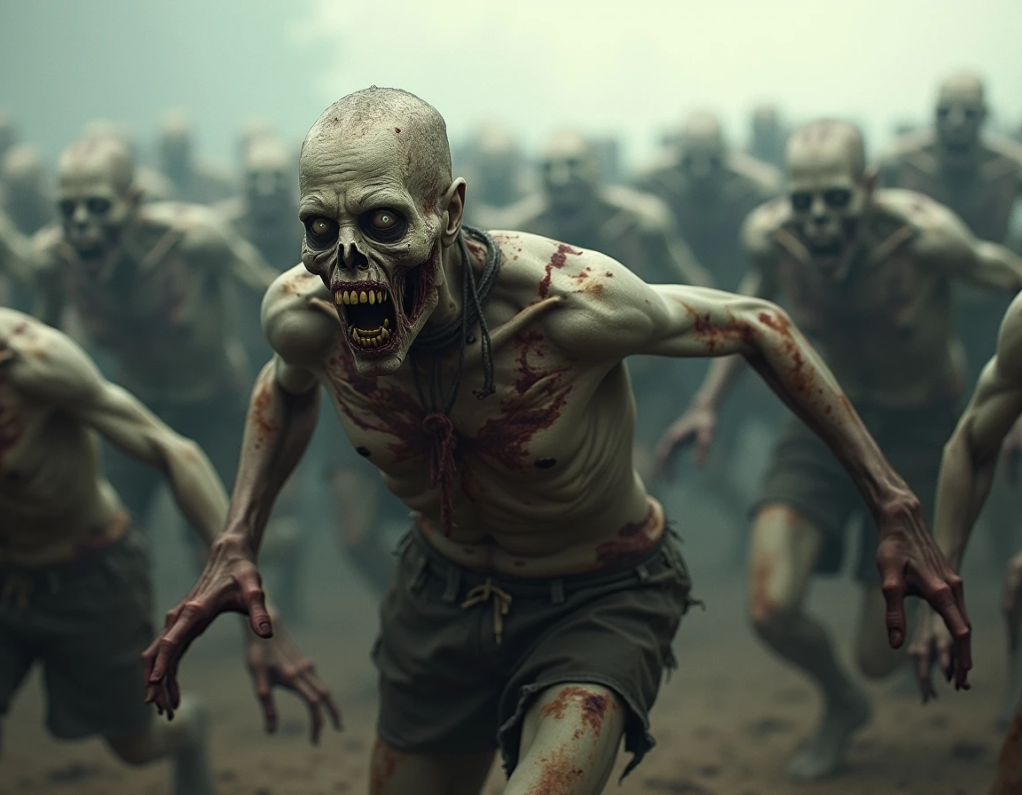 make several sinister zombies with exposed wounds on the body and face move towards a person to attack, focus from the waist up, in an apocalyptic scenario.