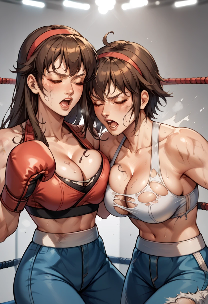 Very intense battle。Dynamic punch exchange。Murderous intent。Two injured adult Japanese female heavyweight boxers boxing hard in the ring。Sweating a lot。One eye closed, out of breath。Drooling。Boxing gloves。Belly-baring high-leg leotard。Erect nippleuscular。Six Pack Abs。Very thick arms and thighs。Super big breasts。