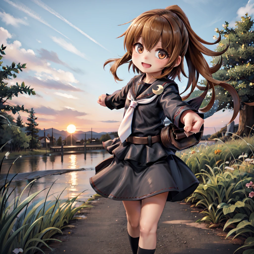 (masterpiece), (best quality), (ultra-detailed), photorealistic, (best illustration), ((an extremely delicate and beautiful)), 1girl, solo, base, black serafuku, white neckerchief, crescent pin, very long hair, ponytail, smile, flat chest, detailed scenery, sunlight, belt, black skirt, :o, (chestnut mouth), pointing at viewer, brown eyes, pointing, loafers, kneehighs, black socks, standing, finely detailed iris, black shirt,
