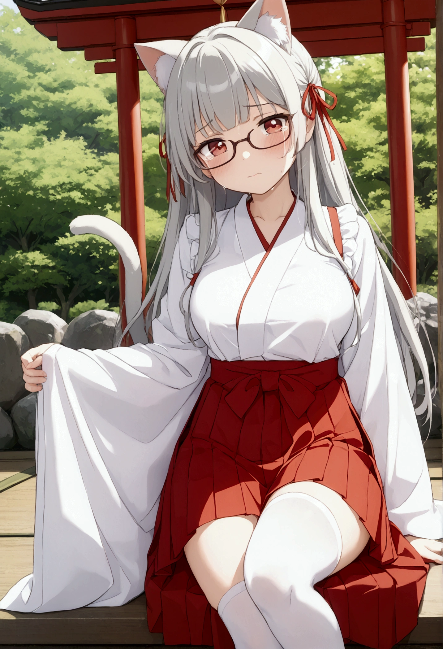 solo、Lori、、Petite、Big Breasts、 princess cut、 long hair、Gray Hair、 red eyes、Cat ears、Cat tail、Shrine maiden、Shrine maiden服、 White Kimono 、White Knee Highs、 apron dress、White brim、 hakama short skirt、Glasses,Japanese maid、 miko,red hakama、( hakama short skirt:1.1)、Crying face、 BREAK masterpiece、 beautiful attention to detail :1.2,  perfect lighting, ( perfect hand,  perfect anatomy:1.1)