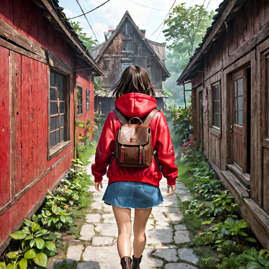 ohwx women leading to an old wood house , wearing a washed out leather backpack and a red hoodie, looking staright making an angry face back view