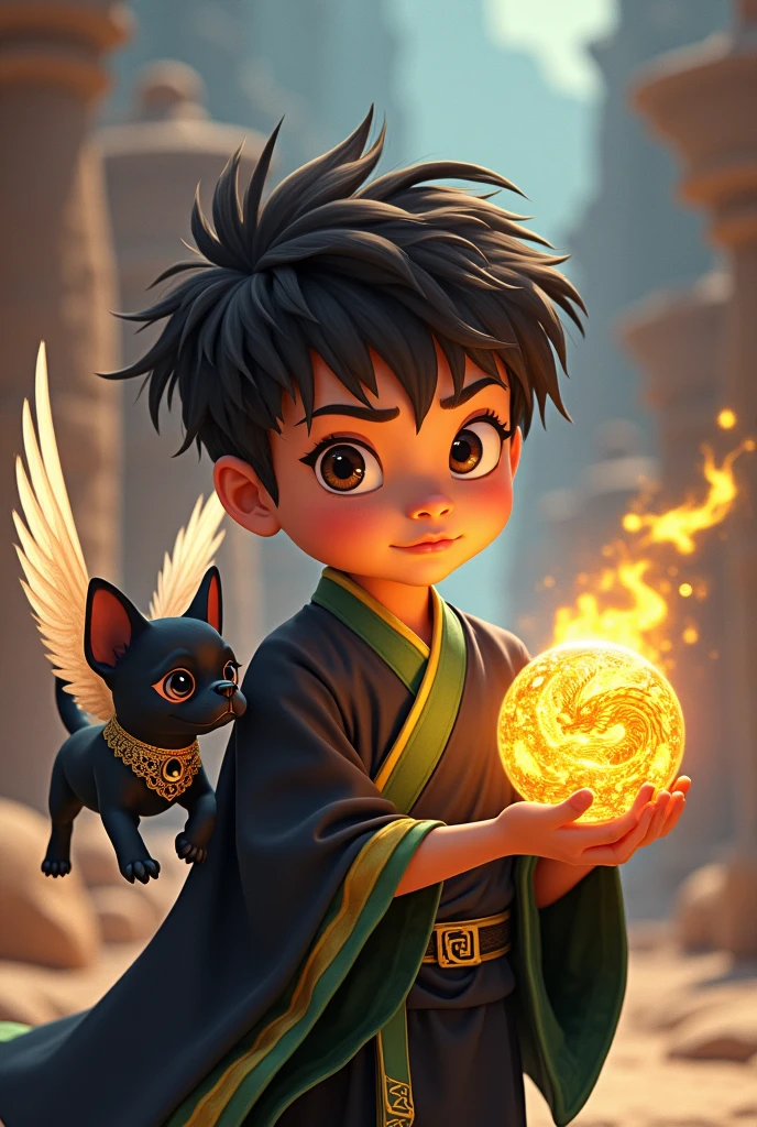 Visualize a cutie boy in marshal art action style on a Himalayan mountain cliff, their movement recreating mesmerizing trails of light, energy sarounding the boy, the trails if light is morphing into a Japanese dragon figure against the dark backdrop of Himalayas capture the raw energy and contrast between warm fire light and cool moonlit mountains, mixed reality film photography, extremely realistic and detailed, 8K, 2D render with ray tracing