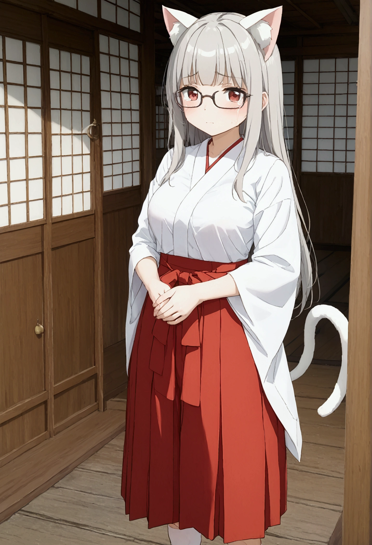 solo、Lori、、Petite、Big Breasts、 princess cut、 long hair、Gray Hair、 red eyes、Cat ears、Cat tail、Shrine maiden、Shrine maiden服、 White Kimono 、White Knee Highs、 apron dress、White brim、 hakama short skirt、Glasses、Japanese maid、 Shrine maidenメイド、miko,red hakama、( hakama short skirt:1.1)、Crying face、 BREAK masterpiece、 beautiful attention to detail :1.2,  perfect lighting, ( perfect hand,  perfect anatomy:1.1)