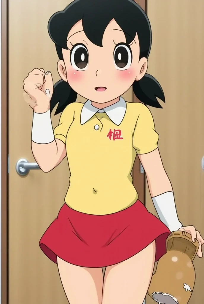 Shizuka, short black hair, with bangs, pigtails, tight yellow blouse with white collar, short red skirt, white socks, brown shoes, medium breast, tight clothes, face blush, sweaty, wet clothes, blush