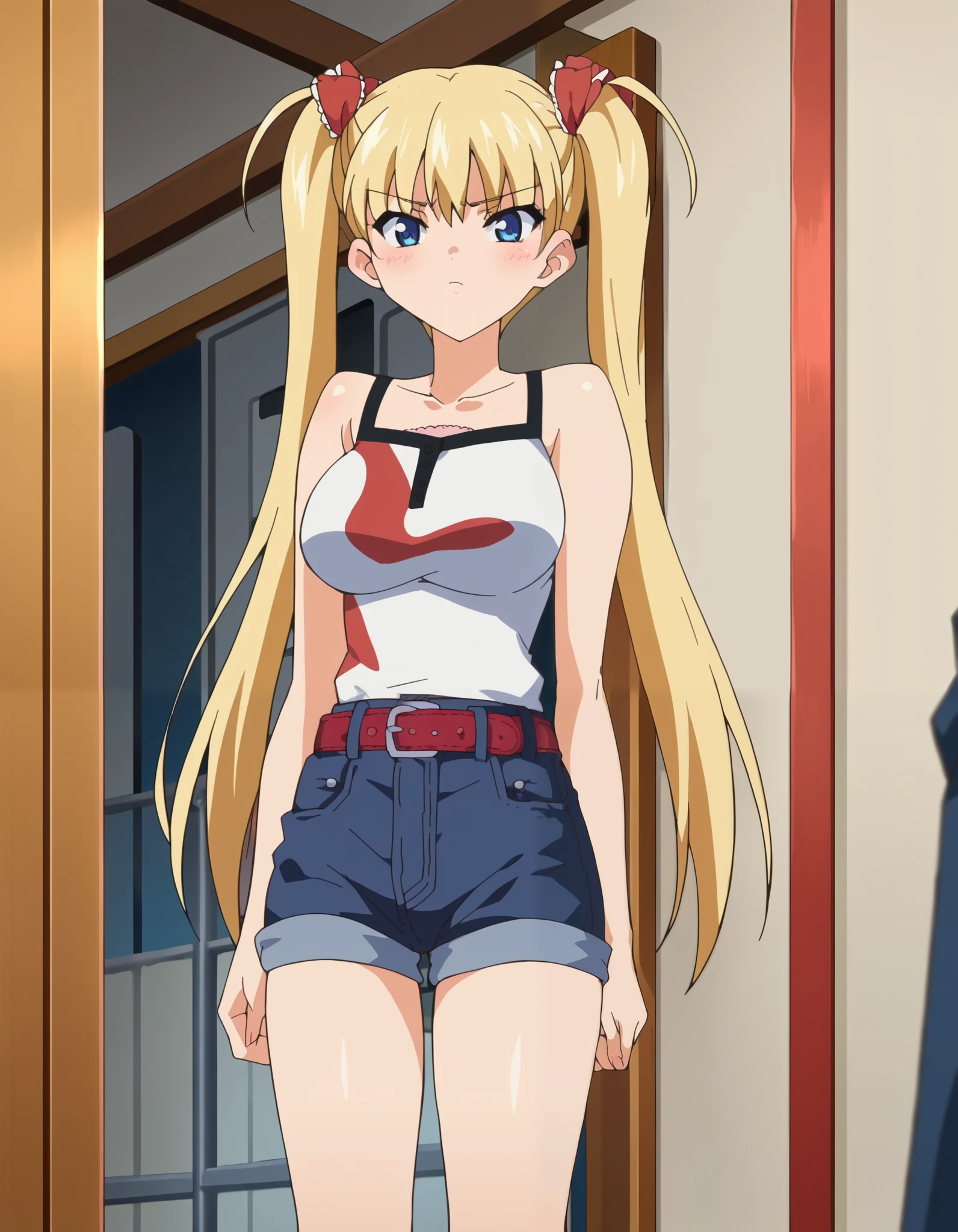 score_9, score_8_up, score_7_up,anime_source, source_anime, anime screencap, Airi, 1girl, belt, belt buckle, blonde hair, blue eyes, blush, breast, buckle, casual, denim, denim shorts, female focus, indoors, large breast, long hair, looking at viewer, shorts, solo, standing, twintails, underwear
