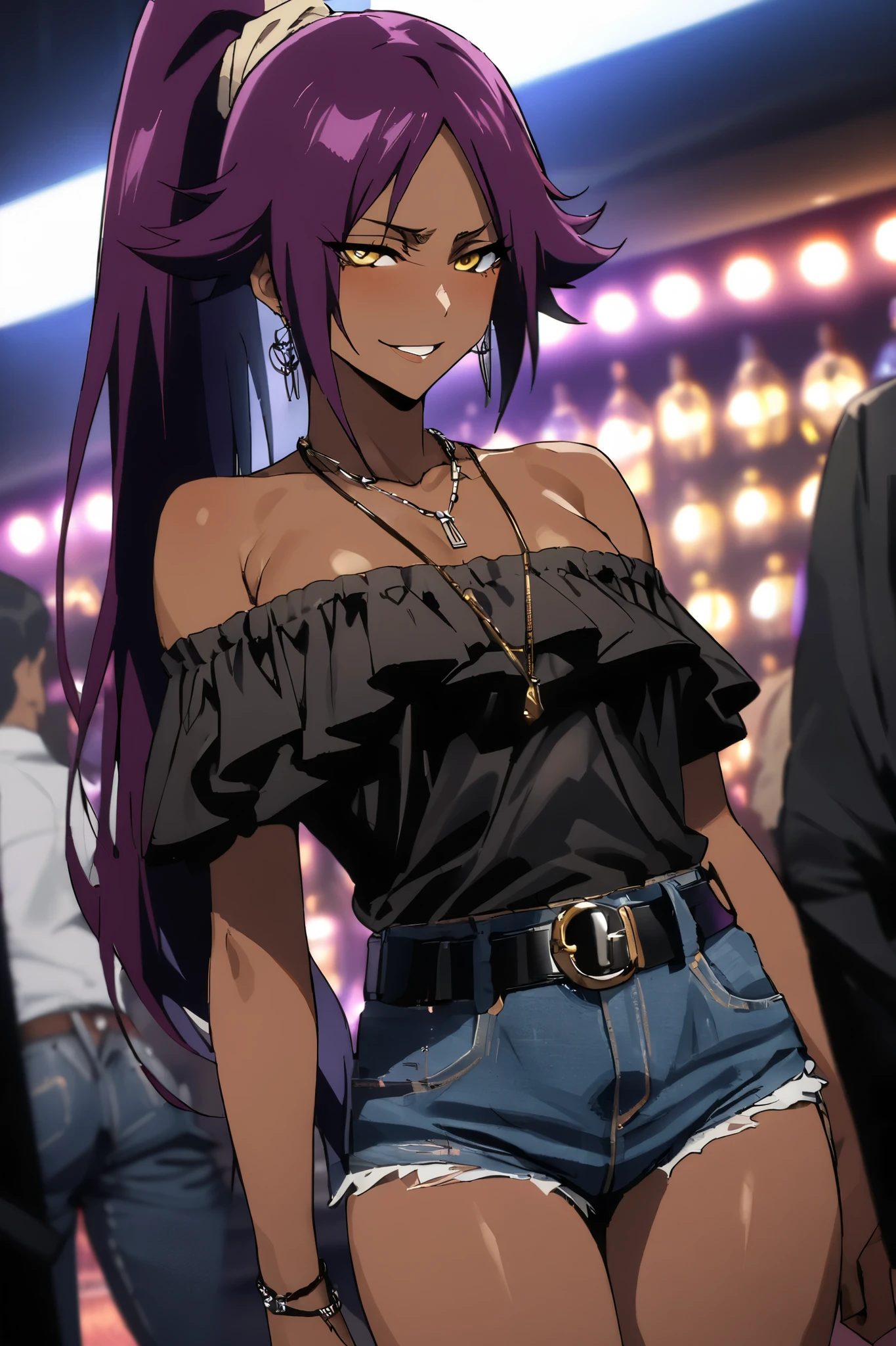 NSFW,masterpiece, top quality , High Definition , very detailed,Yoruichi Shihouin\(BLEACH\), long hair、 yellow eyes、 ponytail、Purple Hair、 dark skin 、 dark skin の女性, off-shoulder, Denim Shorts,belt, Casual , necklace,Earrings,Bad Smile,Nightlife