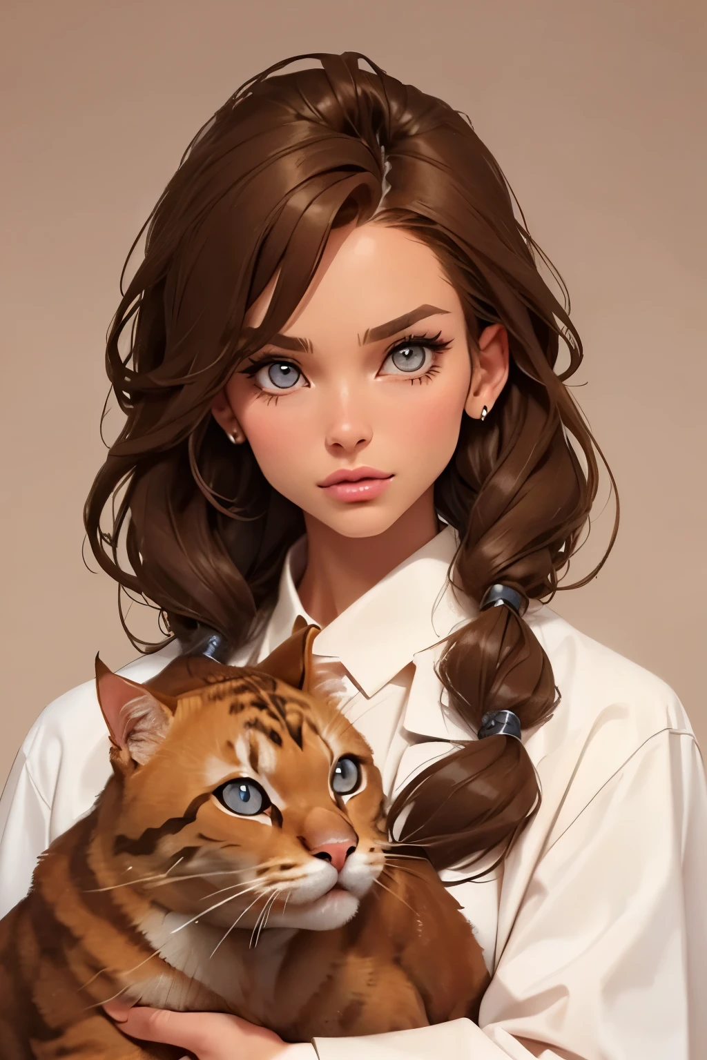  Beautiful girl .  She's after plastic surgery . bimbo . Brown-haired woman 20 years old .  Small size 2 breasts  .  amber eyes . She's a vet and she's petting cats .  in a white Medical coat  . 