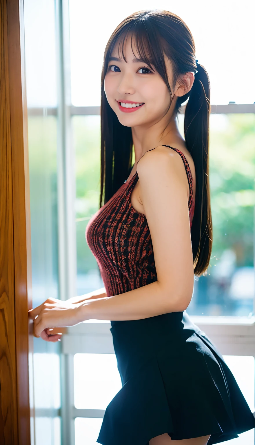 Top quality, 1 beautiful woman, Slim Body, Busty Breasts, half smile, linger, 35mm lens, f/1, cowboy shot , from_side, twintails , wearing mini skirt, (skirt lift:1.3), (from bottom:1.3), Contented-Smile