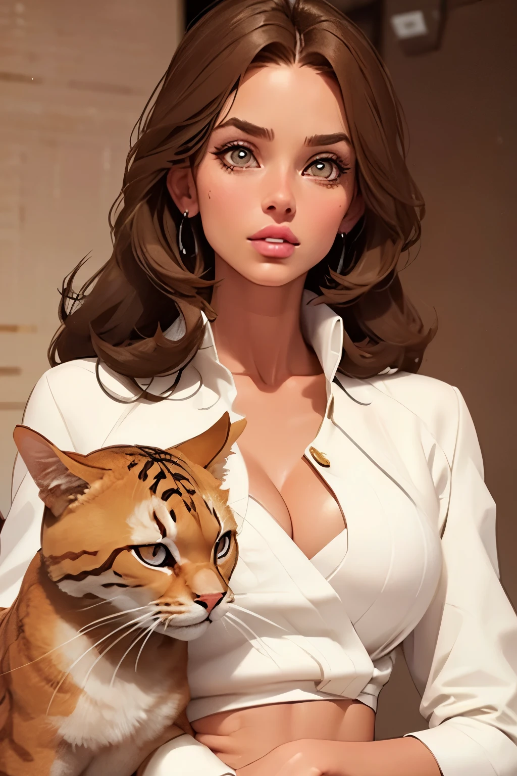 Beautiful girl . She's after plastic surgery . bimbo . Brown-haired woman 20 years old . Small size 2 breasts . amber eyes . She's a vet and she's petting cats . in a white Medical coat .