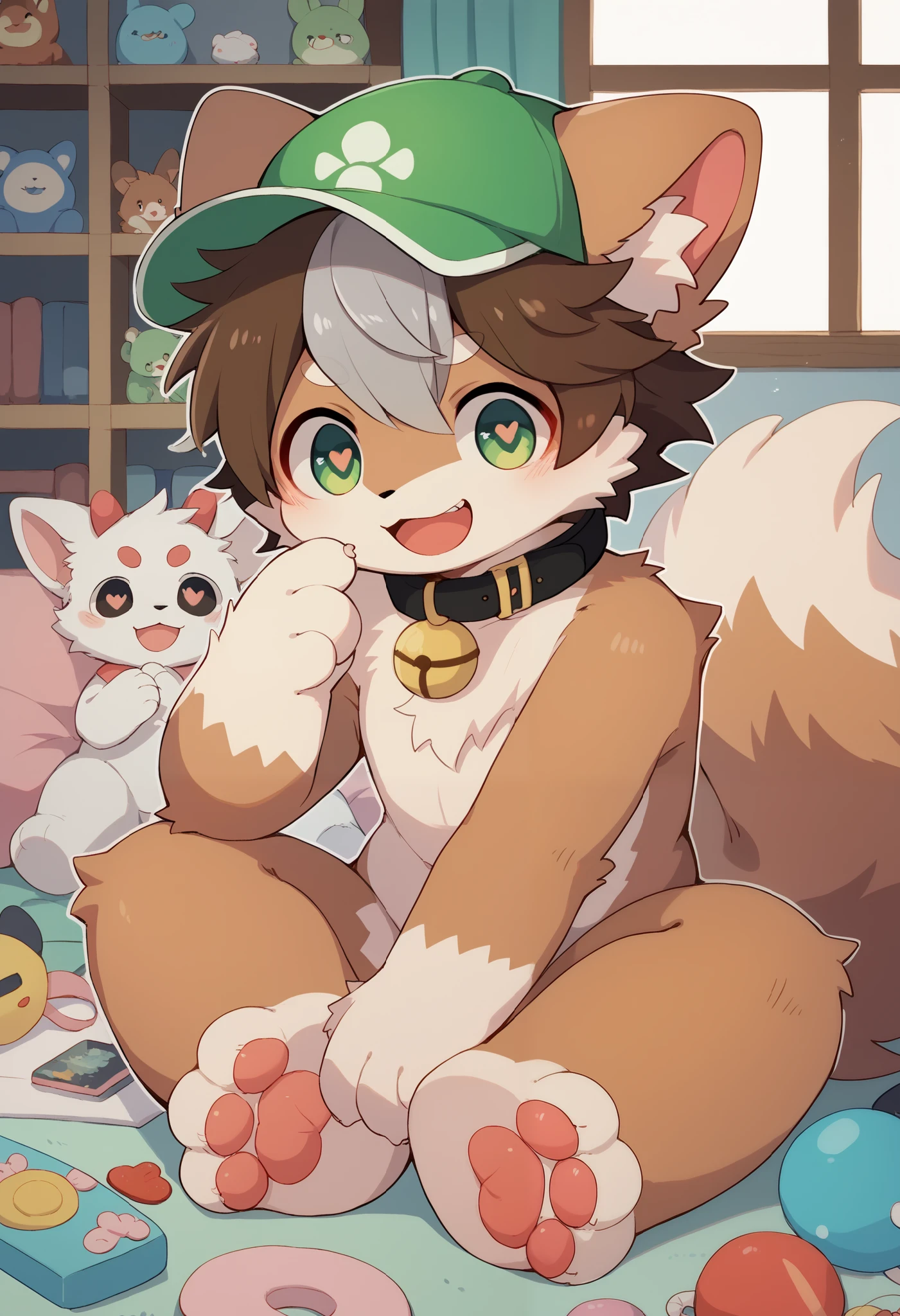    very detailedな,   very detailed,   brown fur gray hair  ,Brown Hair,,male,骨を見て  excited,Heart Eyes,participate, green、white、  and a multicolored hat  ,   cute face,  sitting!,Red collar, black ear  ,    fluffy fur  ,  excited,Horny boy,美しいroom,room ,smile,Dropped ears,naked, Playing with toys !  My mental age   ,want,