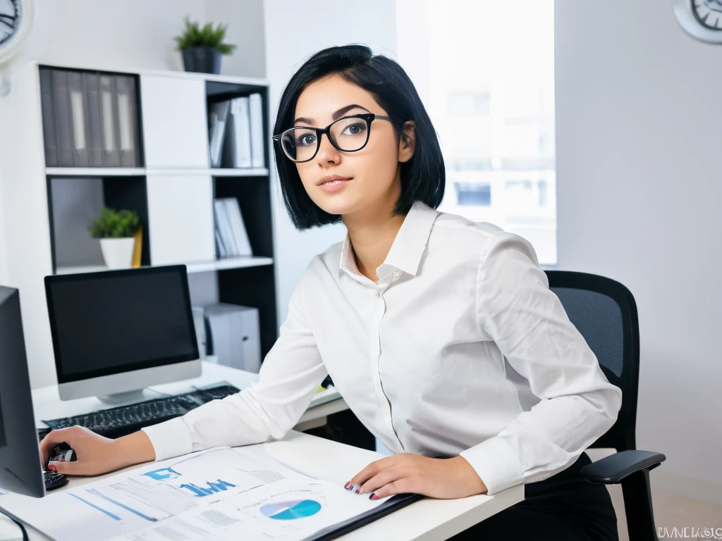 young woman learing a new job in a office, short black hair, glasses, computers, photography, 