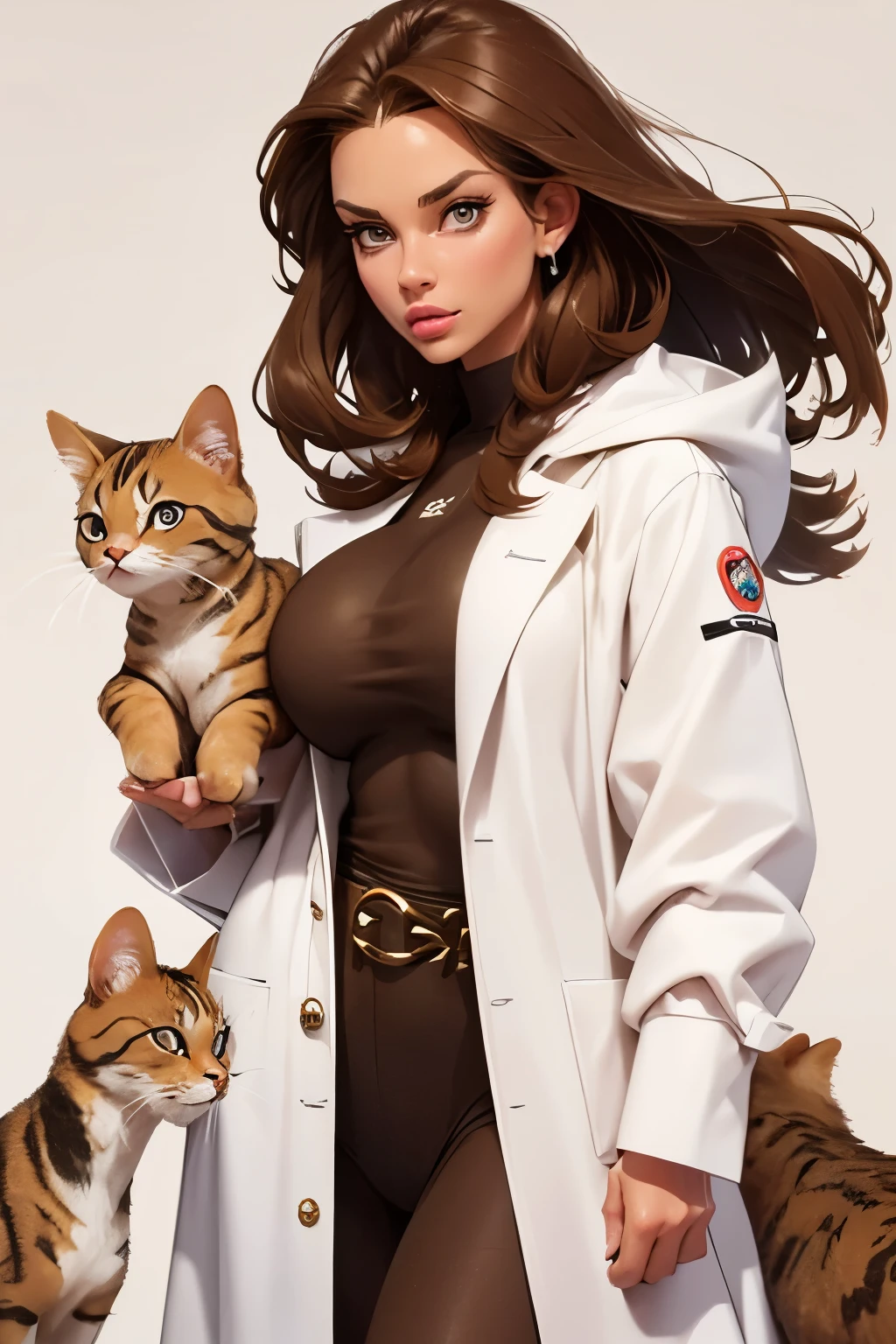 Beautiful girl . She's after plastic surgery . bimbo . Brown-haired woman 20 years old . Small size 2 breasts . amber eyes . She's a vet and she's petting cats . in a white Medical coat .