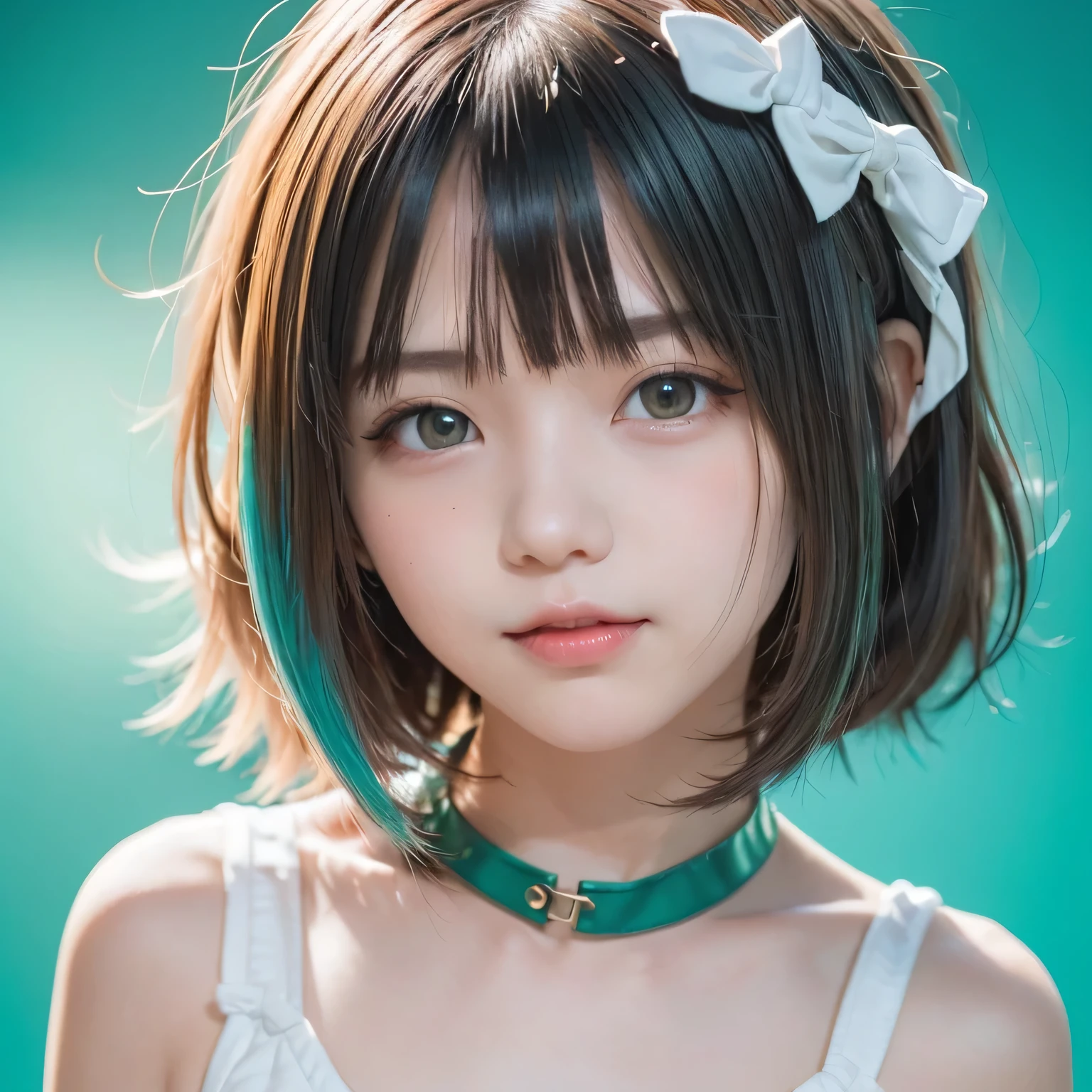 Arafed asian girl with a green hair and a white bow - SeaArt AI