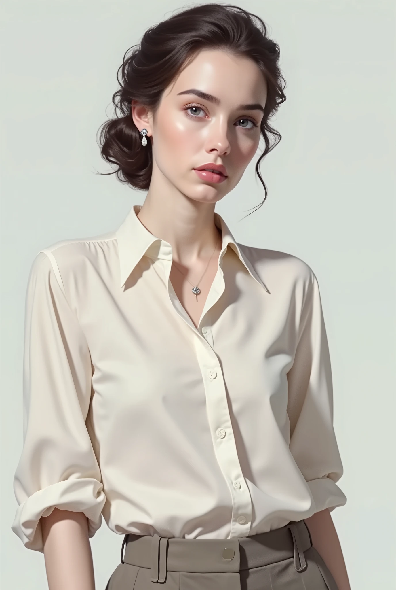 Arafed woman in a white shirt and khaki pants - SeaArt AI