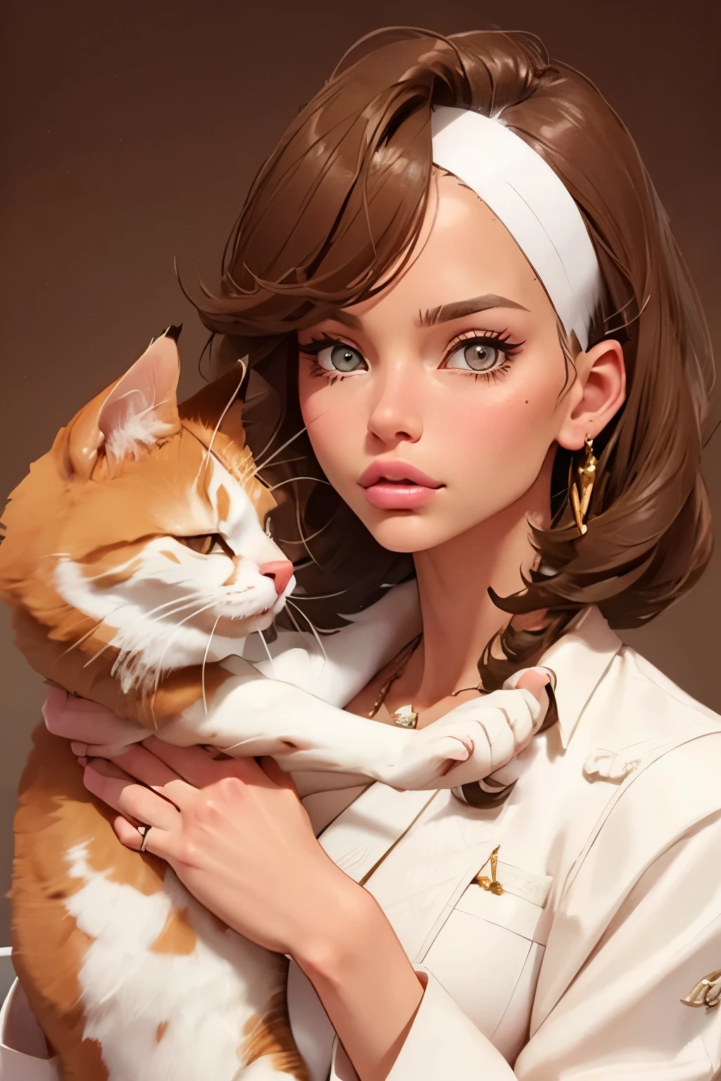 Beautiful girl . She's after plastic surgery . bimbo . Brown-haired woman 20 years old . Small size 2 breasts . amber eyes . She's a vet and she's petting cats . in a white Medical coat .
