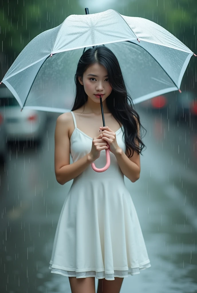 (photorealism:1.2)
rainy day, Indonesian beauty, wear transparent deep-v t-shirt, big breast, holding transparent umbrella, standing on the pedestrian street on a residential area.