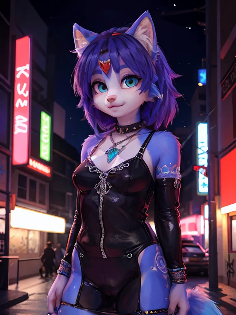 Portrait,((krystal)), Star Fox-Krystal, lovable, green eyes, (((  Long blue hair 1  .3))), Decollete, anthro, blurred,  detailed Fluffys fell,   detailed face  , (Fluffy),   1 girl, ,woman, Goth, green eyes, Undercut, Ultra-realistic 8k CG  ,   masterpiece, ((  ultra-accurate backgrounds , delicate patterns,   complex part  )),   best quality,   complex part  s,   chromatic aberration,   1 girl, full height  ,   long hair, dirty hair,   red markings  ,   hair over one eye , Sharp eyes, Necklace, , colorful graffiti, Hallo, dim light,   roadway  ,   masterpiece,   best quality, , Score_9, Score_8_high, Score_7_high, emo haircut :1.4