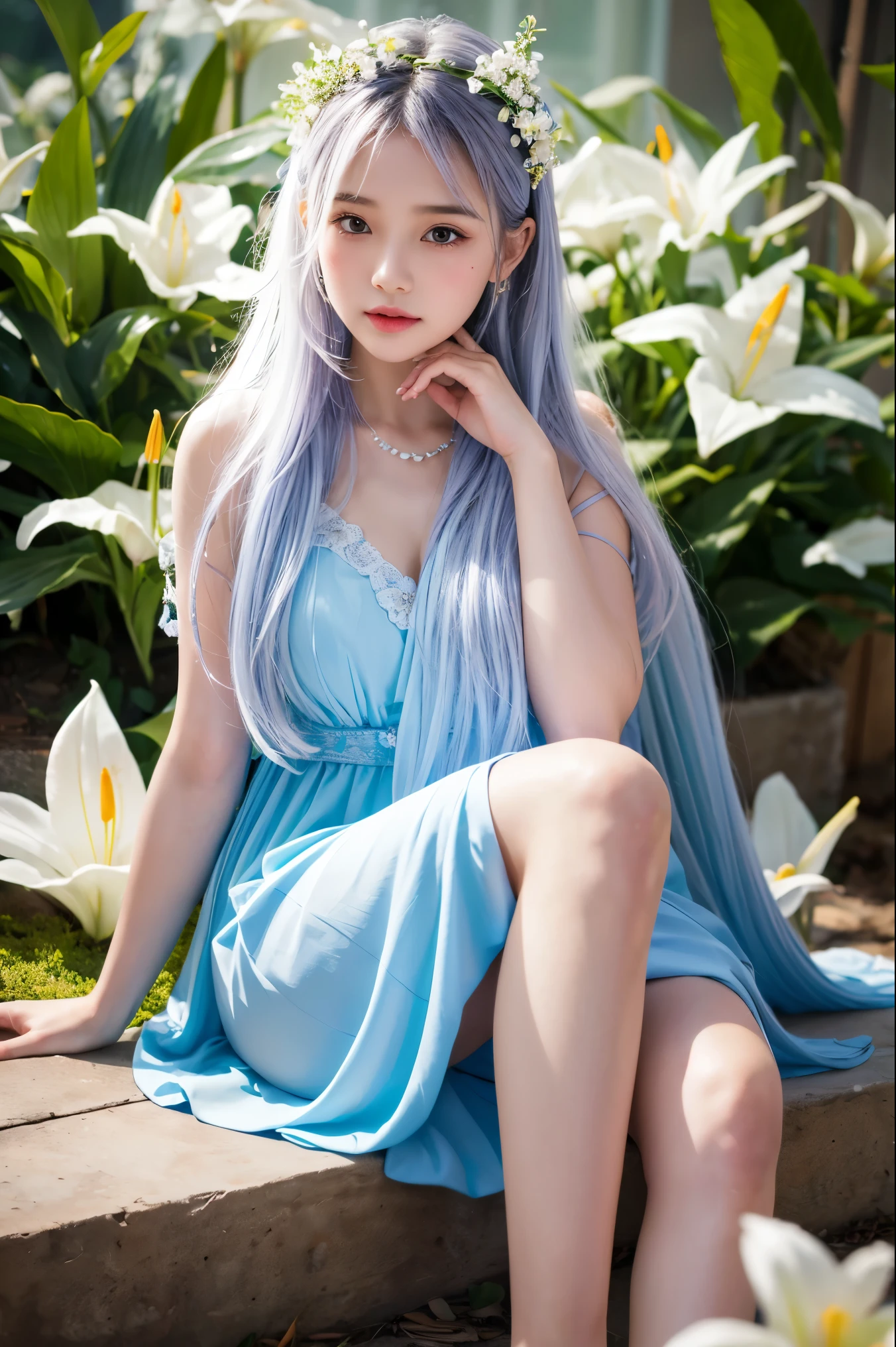 Sweet girl clothes2,pearl necklace,blue dress,flower, ((knee shot)), One hand resting on his lips、There are white butterflies around the hair.，Lilac dendrobium、orange lily、white lilies、1 girl in、fully body photo、White hair、floated hair、Hazy beauty、A plump chest, Chopping, Have extremely beautiful facial features、Hairpin on the head、Lie in the flowers、Drag your chin with both hands、perfect hand、rosette、(springtime、raining day、butterflys、precipice)、 vectorial art、Chinese contemporary art、Soft lighting、intertwined scarves、looking-down