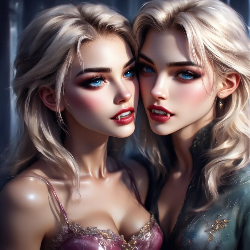 close portrait of Elsa and Anna both in their most revealing dress in a seductive pose 