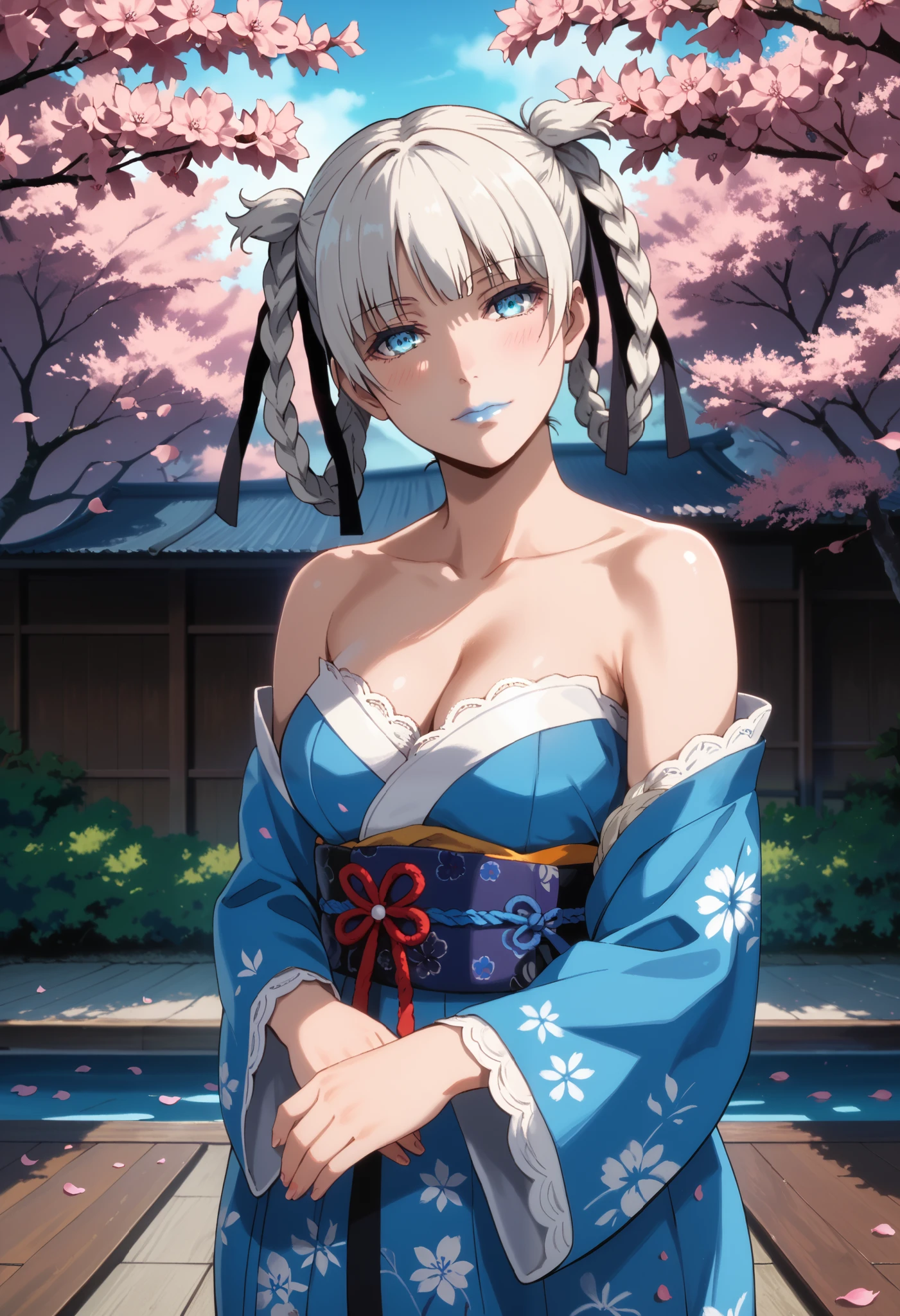 Score_9, score_8_up, score_7_up, score_6_up, source_anime, rating:general, 1girl, kirari momobami, white hair, braided hair, full body, sultry look, head tilt, blush, pale white skin, strapless sexy kimono, blue floral kimono, lace trim, blue eyes, blue lipstick, colored contacts, doll face, medium sized breasts, cleavage, exposed shoulders, traditional Japanese garden, cherry blossoms, cherry blossom petals, solo, 8k quality, vivid colors, perfect lighting, perfect shadowing, god rays, perfect positioning 