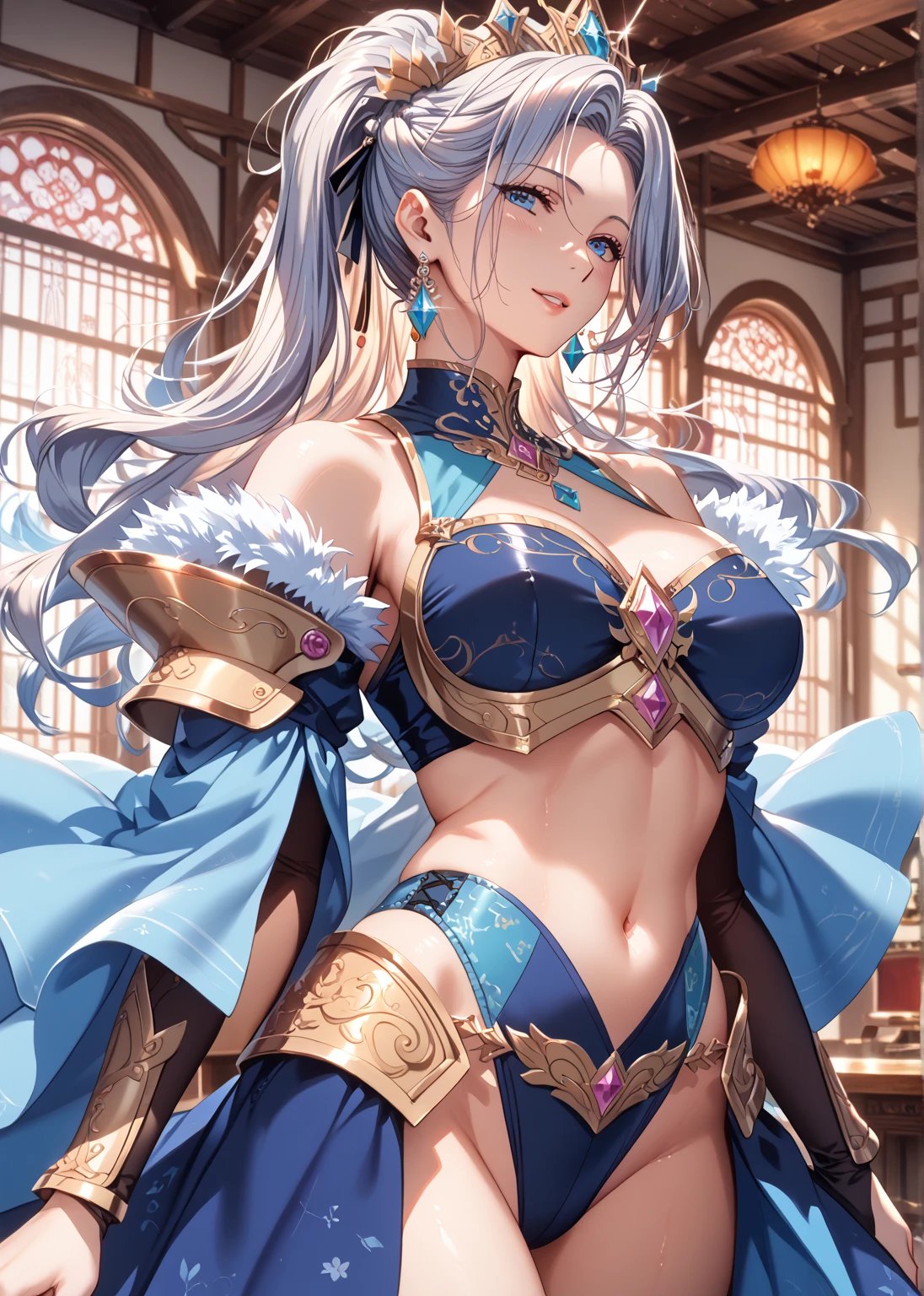  detailed portrait of a young woman in a silver blue dress , close-up,  Complex Fantasy Art ,  breathtaking character art ,  best quality art station fan art,  grand and intricate character art , Beautiful Armor,  high definition art gem ,  Detailed Digital Anime Art ,  high-leg leotard , mature queen, Six-headed,  anime style , ( randomly changing action poses),  cowboy shot showing shoulders, Showing belly button, 