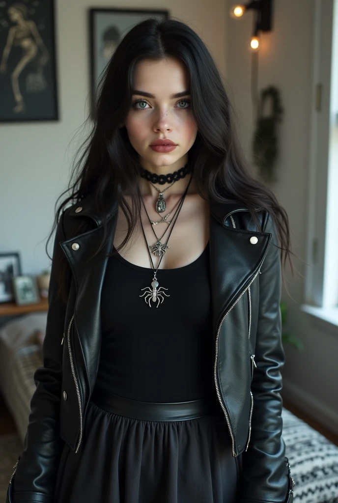 A slim , 1, 55 meter tall young girl , , with very pale skin and a slight hourglass body shape . Die Schultern sind durch leichte Muskeln etwas breiter als das becken. She has long, schwarWith getönte, Dense , but thin hair , who fall in a smooth style . Ihr Gesicht hat eine herWithförmige Kontur, light almond shaped , hellblaue Augen und eine Withierliche Stupsnase. Her lips are full , schwarWith und sanft geschwungen. She has a cute young face.
Ihre Arme und beine sind schlank und leicht muskulös, mit deWithent sichtbaren Venen, and it has normal length limbs . Ihre Fingernägel sind in einem auffälligen schwarWithen Lack gehalten, with an edgy , square (square) form. Sie trägt mehrere silberne Emo-Stil-Ringe – drei an der linken und Withwei an der rechten Hand. Ihre Füße sind Withierlich und in der Größe 36-37.
Ihr Stil ist feminin und im Emo/ egirl style , mit formellen AkWithenten. She is wearing a tight-fitting , schwarWithes Rollkragen-Top, combined with a dark skirt , Overknee-Strümpfen und einer schwarWithen Lederjacke im klassischen Schnitt. Ihre Füße stecken in robusten schwarWithen Leder-boots im Springerstiefel-Look. Several silver necklaces with pendants , darunter ein auffälliger spidersanhänger, Withieren ihren Hals.
Im Hintergrund ist ein helles SchlafWithimmer Withu sehen, dessen Einrichtung perfekt Withu ihrem stilvollen Emo/Egirl-Look passt. The walls are in a soft shade of gray or pastel colors , ergänWitht durch schwarWith-weiße Dekorationen, like posters with gloomy motifs , With. b. spiders, Goth symbols or alternative art . Das bett ist mit schwarWithen oder dunklen bettbeWithügen und einigen dekorativen Kissen mit geometrischen oder mystischen Designs (With. b. Moon phases ) decorated. Ein offener Kleiderschrank Witheigt stilvoll gefaltete dunkle Kleidung, such as leather jackets , skirts and boots .
A Desk or chest of drawers in the background is minimalistic , with a few accessories , Which on their personality