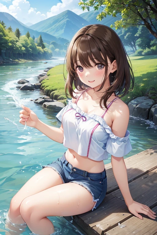 anegasaki nene、Shiny brown hair, short hair, (Beautiful brown eyes、Sparkling eyes, Fine grain)、smile、超Detailed eyes、Highly detailed face, 非常にDetailed eyes,
masterpiece、High resolution、High resolution、
((Highest quality, 8k, masterpiece:1.3)), Detailed eyes, Looking at the camera, ((Everything is Shining、Reflects light:1.2)), (Optimal ratio: Four fingers, One thumb),
One person, (Professional Photographer), Brown eyes, Red lips,
(White tank top, abdomen, slim, belly button), Shorts, (((Sitting , Crossing your legs))), View your viewers, Outdoor , Tilt your head, whole body, A suggestive low-angle shot,