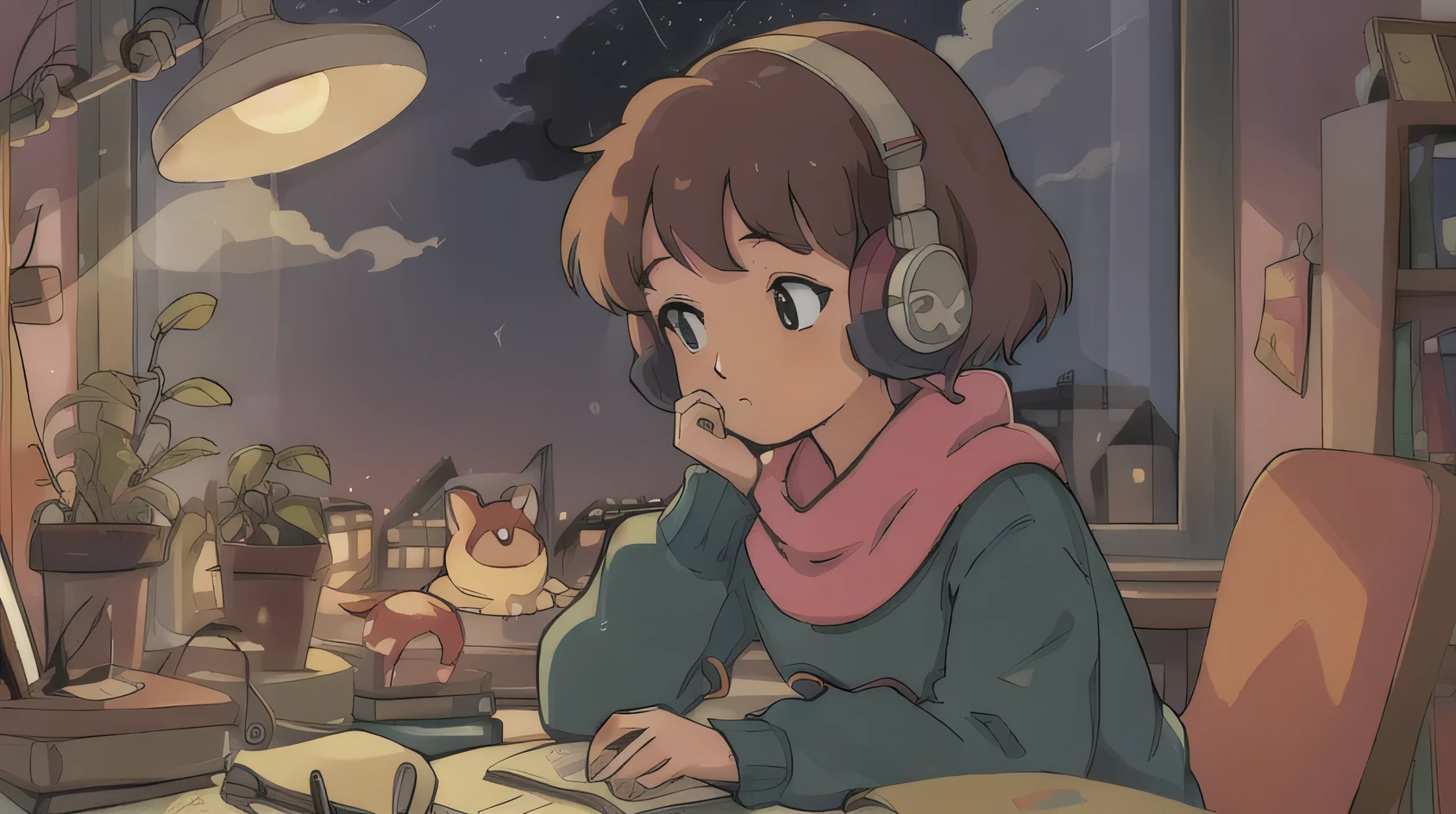 Girl listening to music in a cozy room at night, using headphones, 2D Anime style, Lo-fi aesthetic, soft lighting, digital art, warm colors, detailed background with books and plants, serene atmosphere, high quality, retro cartoon illustration by popular anime artists.
