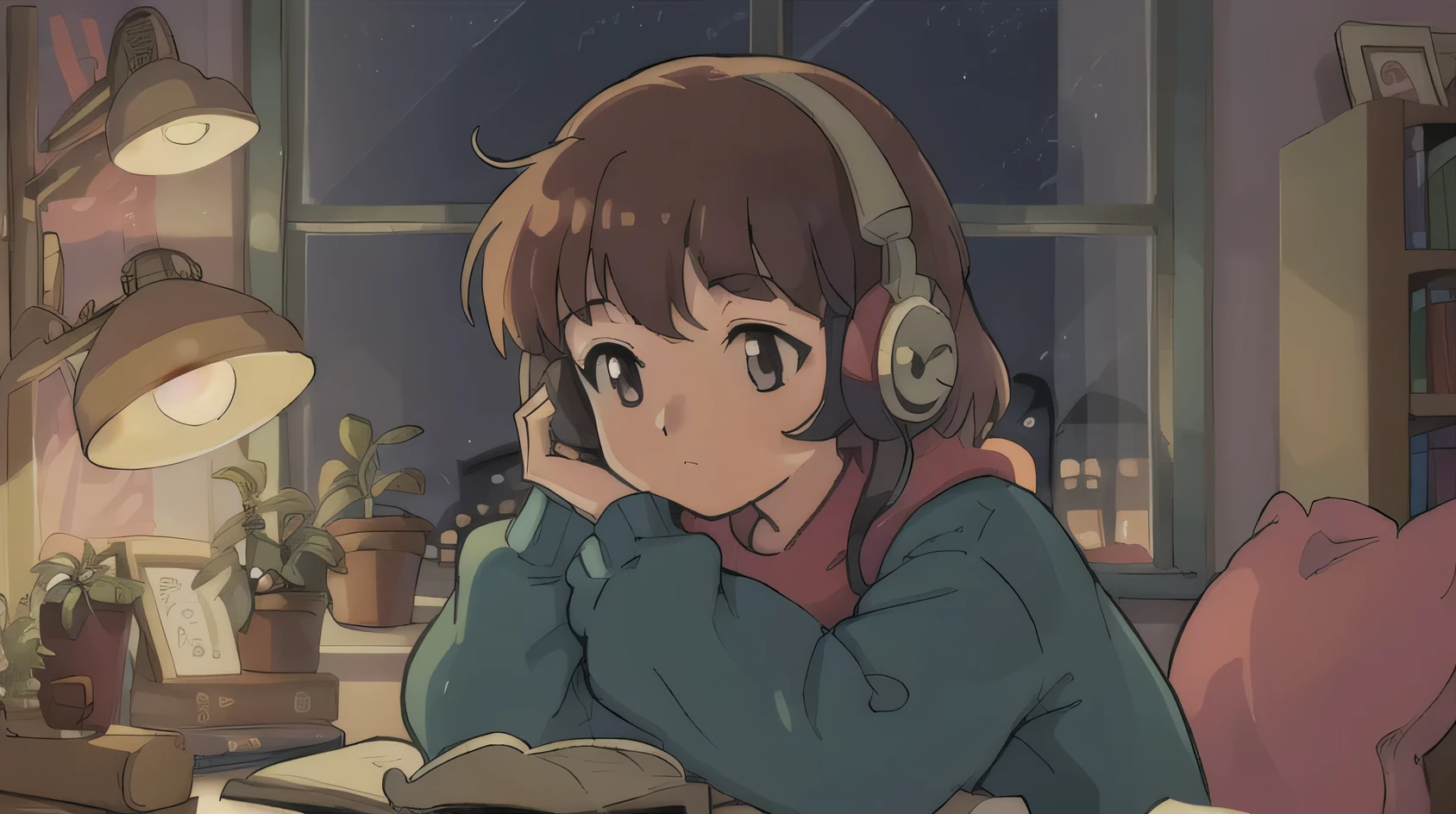 Girl listening to music in a cozy room at night, using headphones, 2D Anime style, Lo-fi aesthetic, soft lighting, digital art, warm colors, detailed background with books and plants, serene atmosphere, high quality, retro cartoon illustration by popular anime artists.
