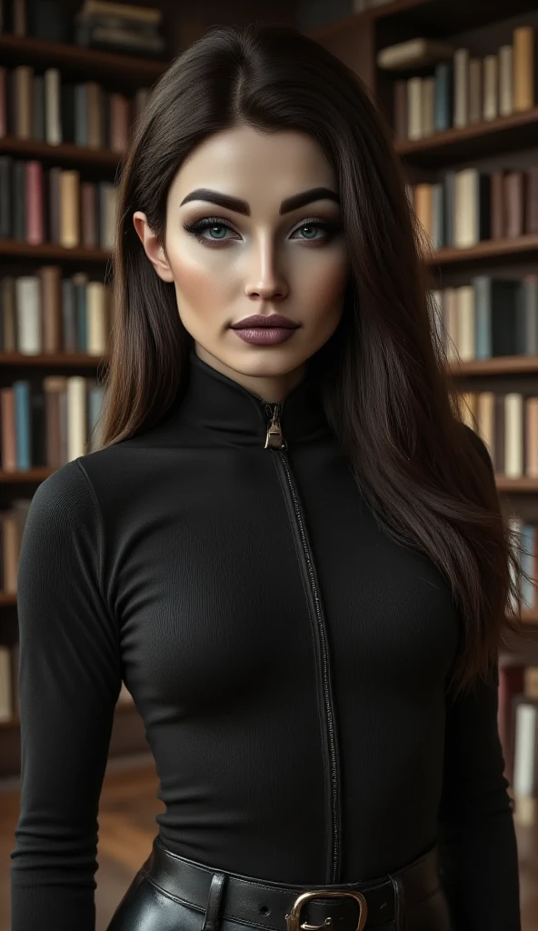 photo of beautiful woman, dark hair, as a teacher, turtleneck with zipper, buckled leather skirt, posing in an old dusty library, pokies, backlit, belt, perfect make-up, cinematic, realistic, tight hairstyle