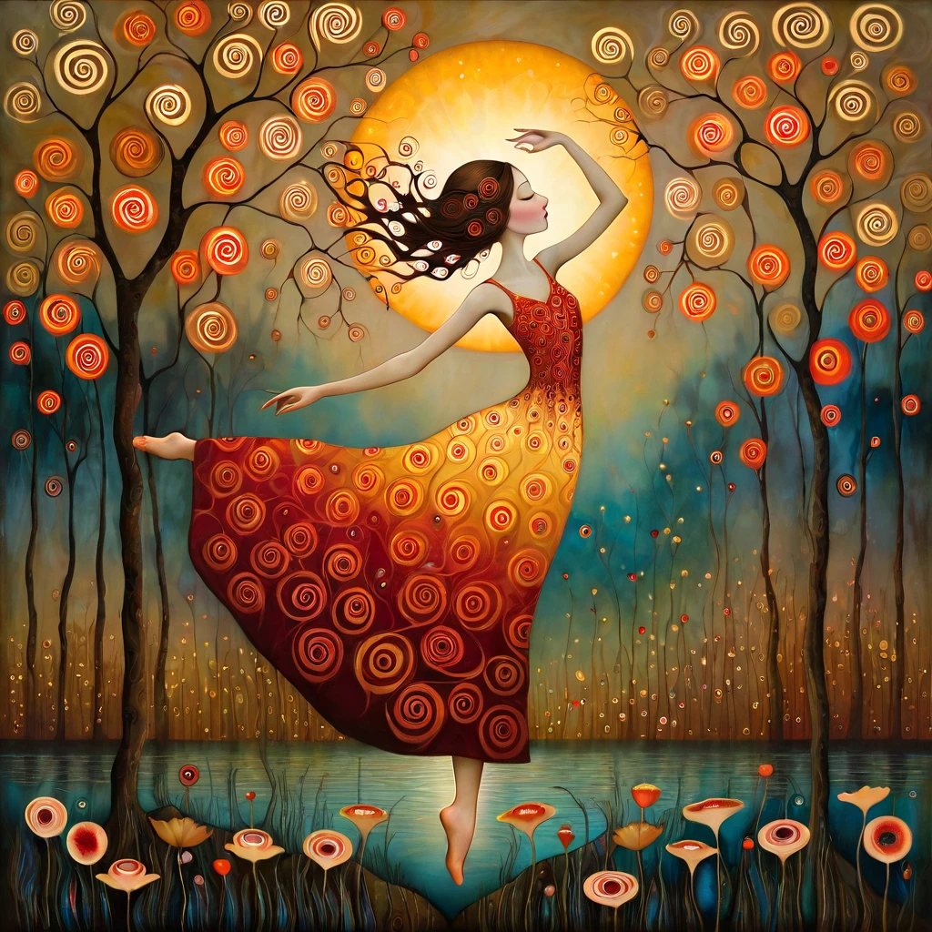 oil and acrylic painting. In the style of Andy Kehoe and Tracy Grimwood, Catrin Welz-Stein, Klimt. A young woman, hair light brown, improvises dance steps along an avenue, of a small town on a lake with red and yellow acue . Magnolia blossoms, poppies, swamp flowers, cherry blossoms, swamp reeds bloom. Polychrome buds shaped like sun discs with marbled spirals, sunbeams like strands of coral. Skillfully dosed warm colors and tones. Dramatic lighting, chiaroscuro, cinematic, mystical, flowing, graceful, luminous skin, wet skin, translucent, ethereal, surreal, sensual, elegant, serene, dramatic.