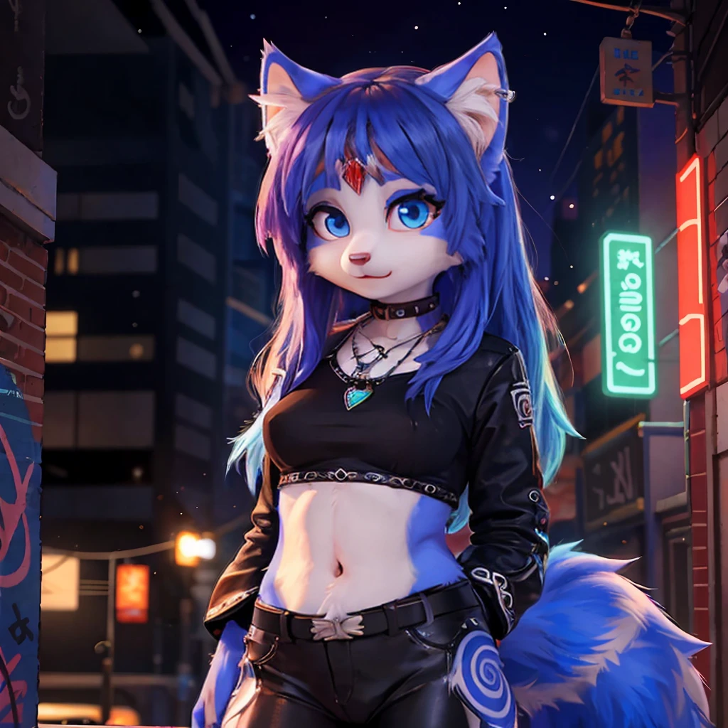 Portrait,((krystal)), Star Fox-Krystal, lovable, green eyes, (((  Long blue hair 1  .3))), Decollete, anthro, blurred,  detailed Fluffys fell,   detailed face  , (Fluffy),   1 girl, ,woman, Goth, green eyes, Undercut, Ultra-realistic 8k CG  ,   masterpiece, ((  ultra-accurate backgrounds , delicate patterns,   complex part  )),   best quality,   complex part  s,   chromatic aberration,   1 girl, full height  ,   long hair, dirty hair,   red markings  ,   hair over one eye , Sharp eyes, Necklace, , colorful graffiti, Hallo, dim light,   roadway  ,   masterpiece,   best quality, , Score_9, Score_8_high, Score_7_high, emo haircut :1.4