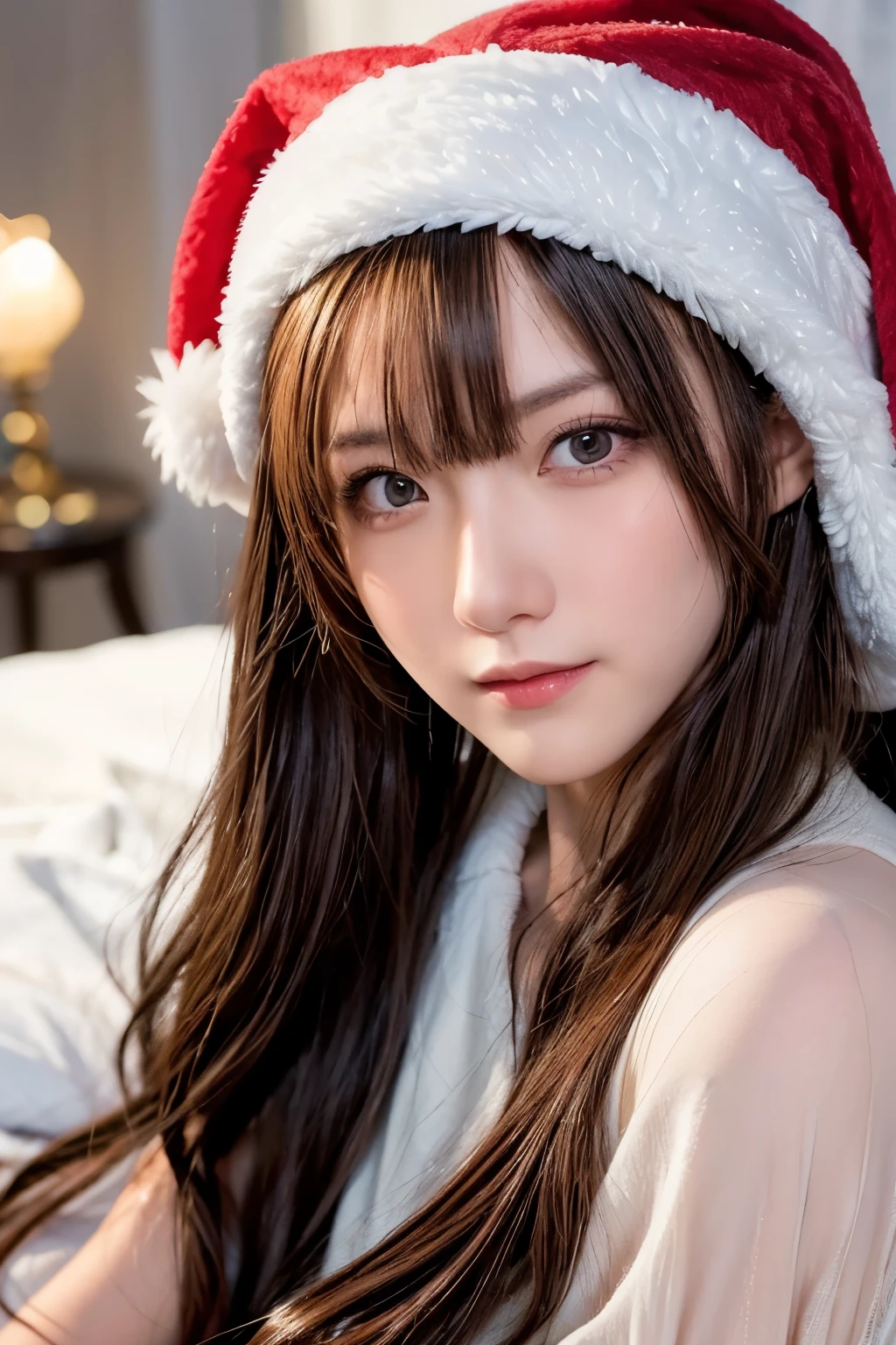 winter night, lying down on the bed, a girl dressed as Santa Claus hat, lots of gift boxes, fidgeting, with a shy smile, blushing, wavy long length hair, pale orange and brown hair, pompadour hairstyle, twisted bangs, beautiful white-colored translucent skin, slendar figure, adult sexiness, alluring, glossy face, cold and shivering, with the main character posed in the nearly center, close-up shot, {realistic}, {cinematic}, {photogenic}