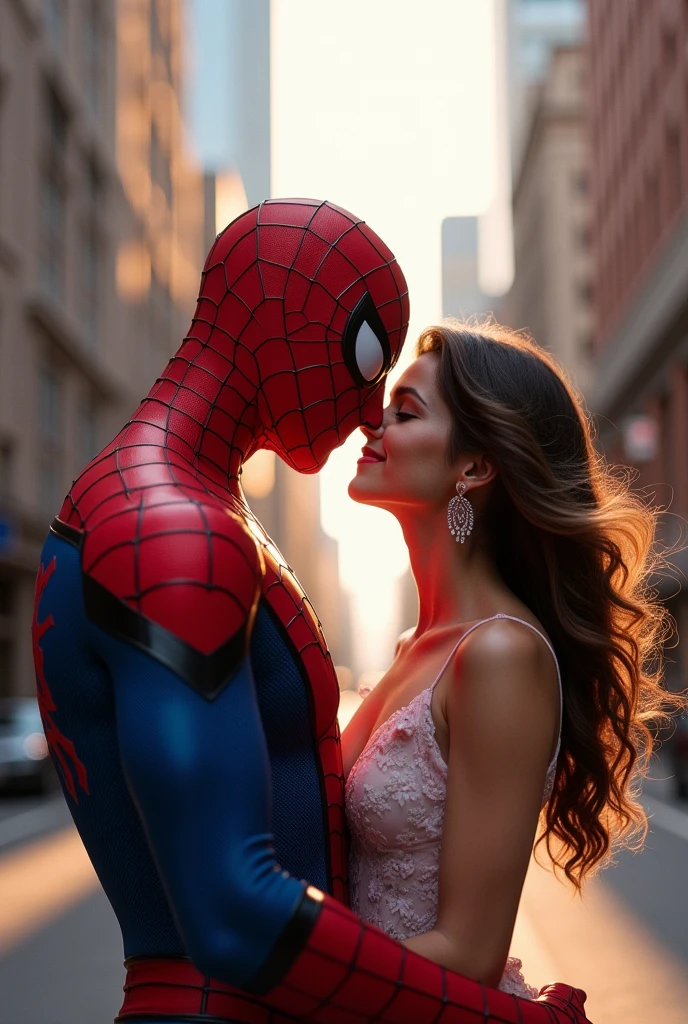 Spider-Man kissing a woman in a blue dress with white flowers, holding Spider-Man's mask