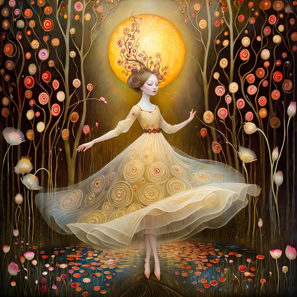 ethereal colorful Gustav Klimt luminous Nicoletta Ceccoli translucent Catrin Welz-Stein illuminated Dee Nickerson absorbing dust shimmering.  A young woman, hair light brown, improvises dance steps along an avenue, of a small town on a lake with red and yellow acue . Magnolia blossoms, poppies, swamp flowers, cherry blossoms, swamp reeds bloom. Polychrome buds shaped like sun discs with marbled spirals, sunbeams like strands of coral. Skillfully dosed warm colors and tones. Dramatic lighting, chiaroscuro, cinematic, mystical, flowing, graceful, luminous skin, wet skin, translucent, ethereal, surreal, sensual, elegant, serene.