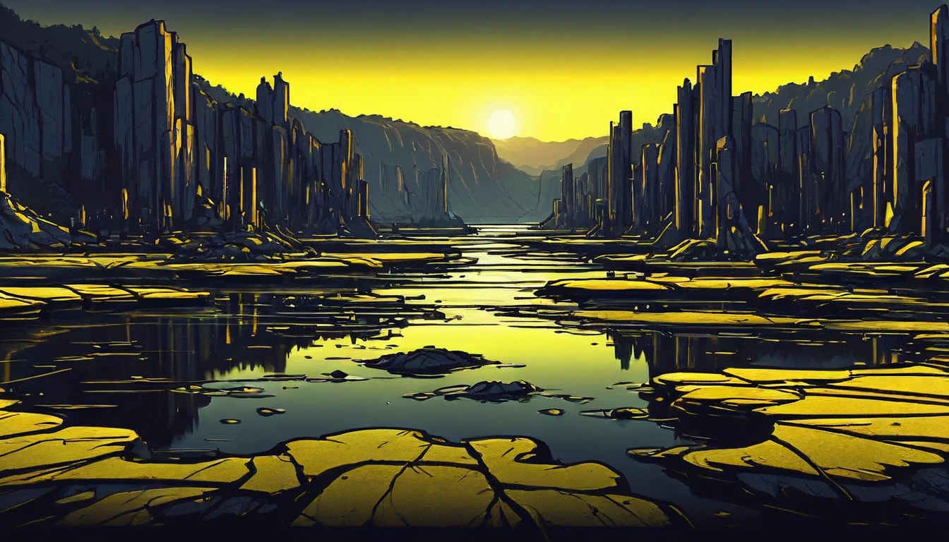 DonML4zrP0pXL,        black & yellow, industrial, heavy duty, modular,           swamp valley surrounded by high rocky cliffs, dawn,