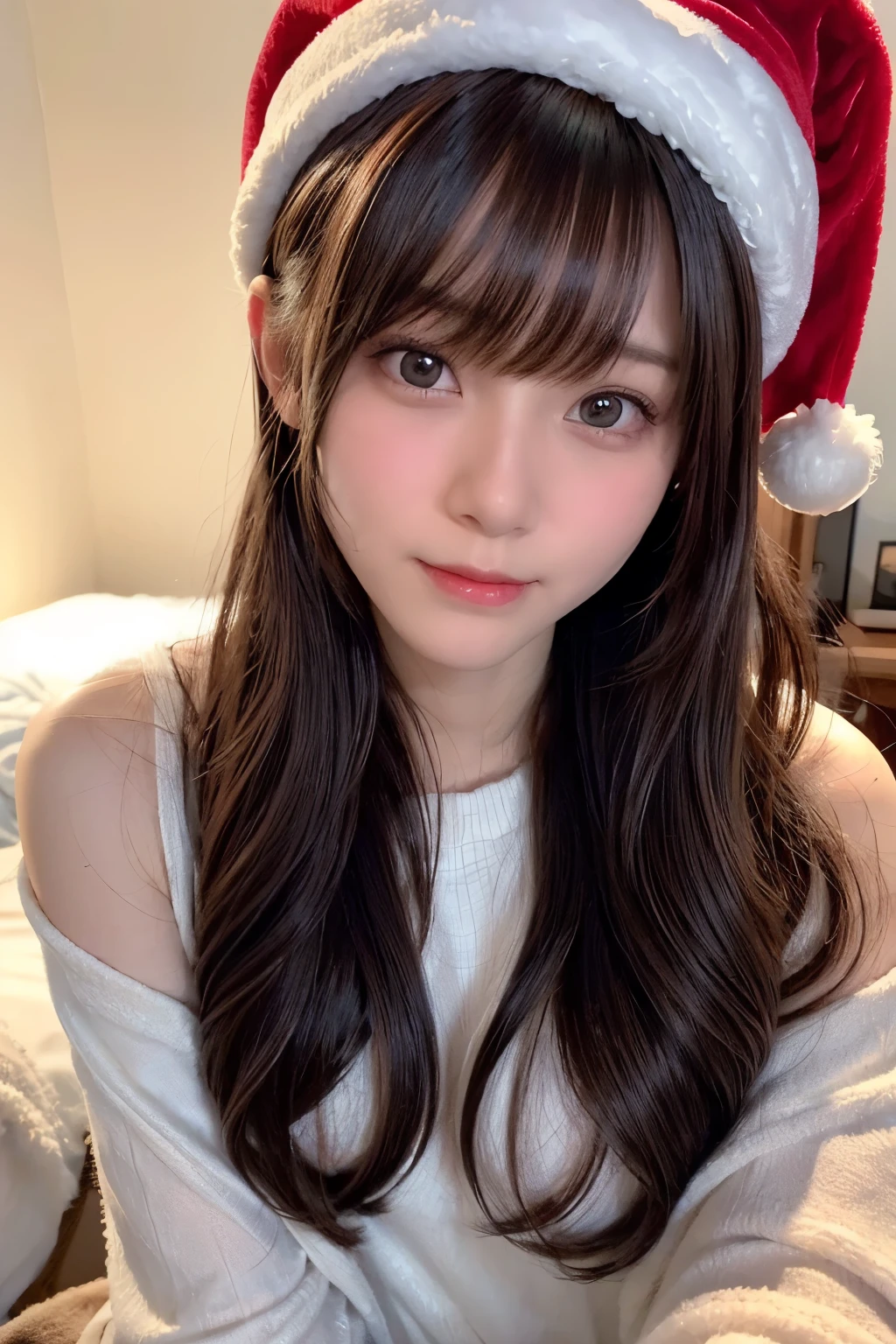 winter night, lying down on the bed, a girl dressed as Santa Claus hat, lots of gift boxes, fidgeting, with a shy smile, blushing, wavy long length hair, pale orange and brown hair, pompadour hairstyle, twisted bangs, beautiful white-colored translucent skin, slendar figure, adult sexiness, alluring, glossy face, cold and shivering, with the main character posed in the nearly center, close-up shot, {realistic}, {cinematic}, {photogenic}