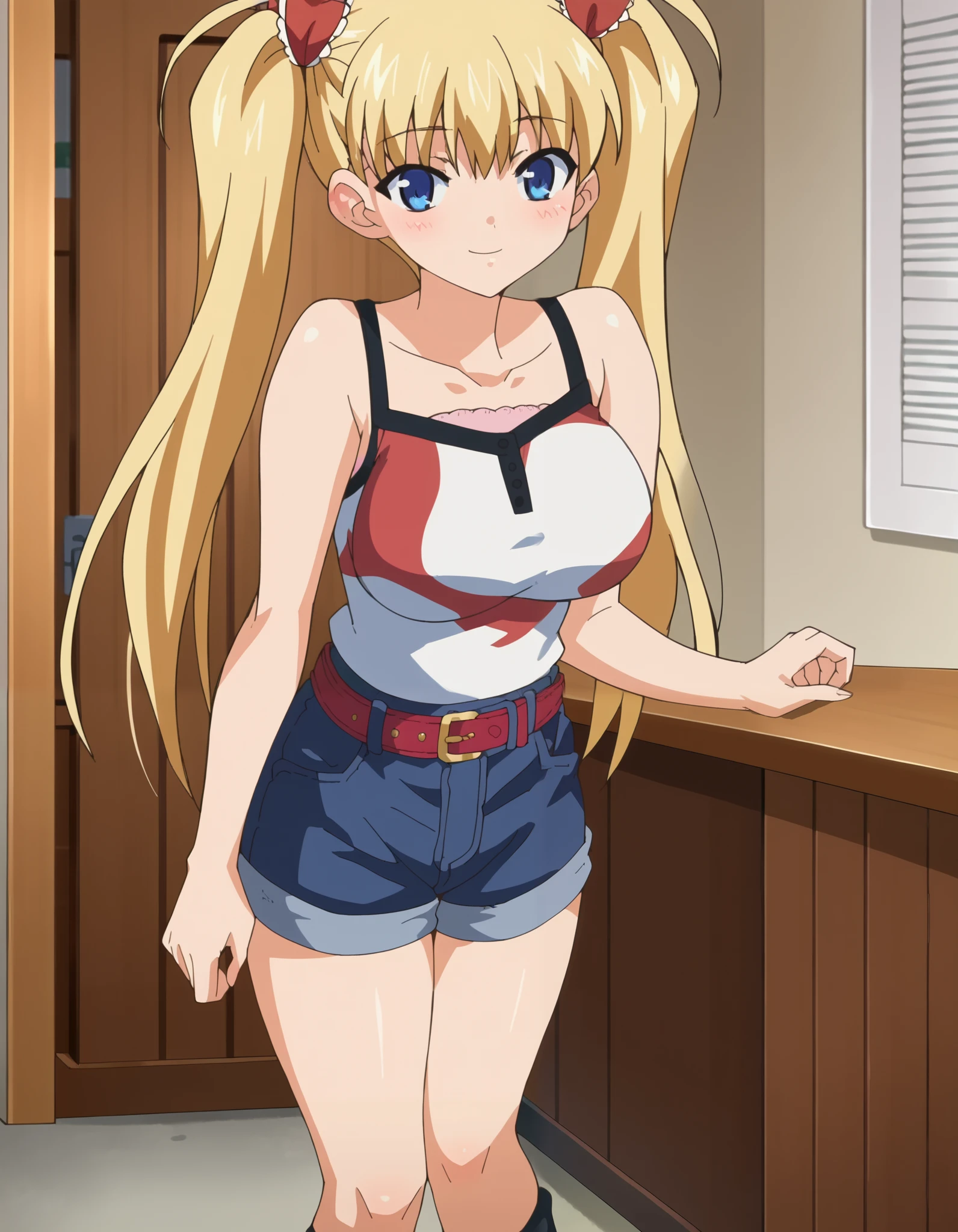 score_9, score_8_up, score_7_up,anime_source, source_anime, anime screencap, Airi, 1girl, belt, belt buckle, blonde hair, blue eyes, blush, breast, buckle, casual, denim, denim shorts, female focus, indoors, large breast, long hair, looking at viewer, shorts, solo, standing, smile, twintails, underwear
