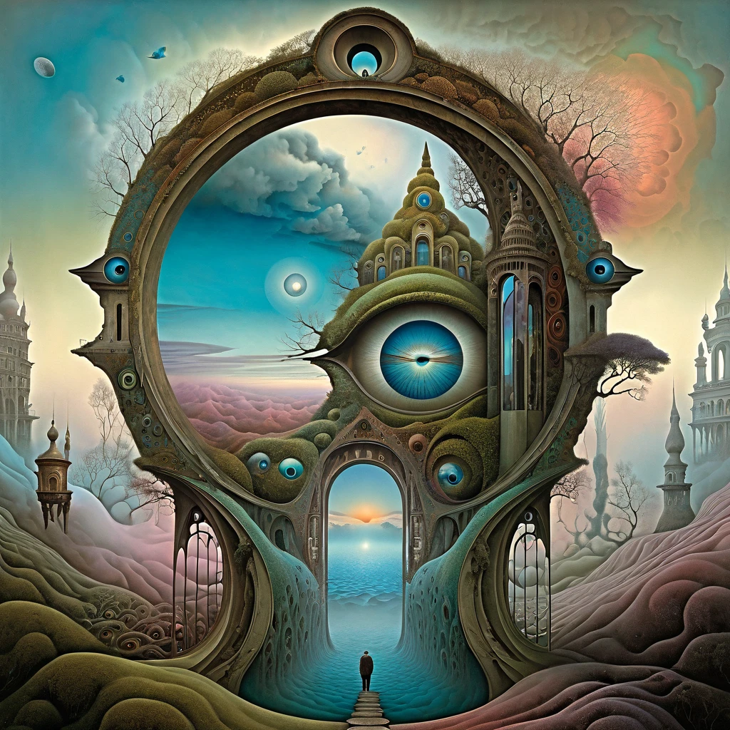 Catrin Welz-Stein, Zdzisław Beksiński and Jacek Yerka style mix, surreal wonders of the unconcious, beautiful colors. The image features a surreal composition of an eye surrounded by intricate architecture and natural elements, blending fantasy with a dreamlike landscape. A man stands in the foreground, caught in a dream.