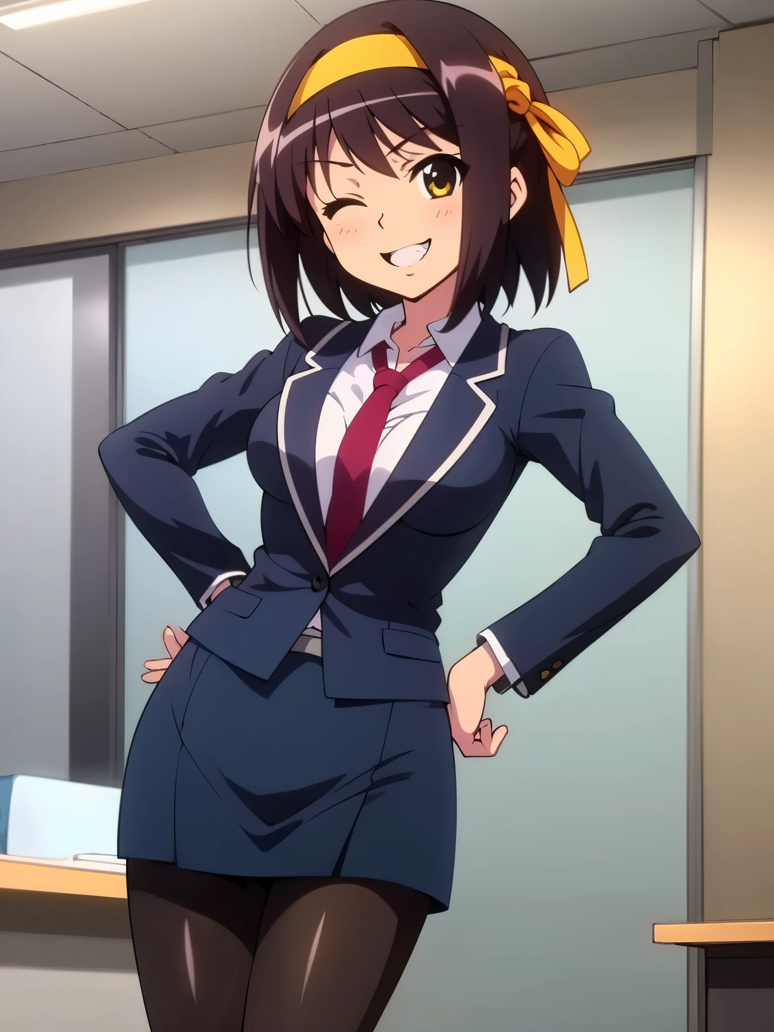 indoor, inside office, anime style, 8k, masterpiece, ultra high res, focus upper body, wearing dark navy blue office lady suit, black pumps, black pantyhose, smile, standing in honor, one eye closed, pointing right hand, left hand on hip, break, yellow headband, shoot hair,