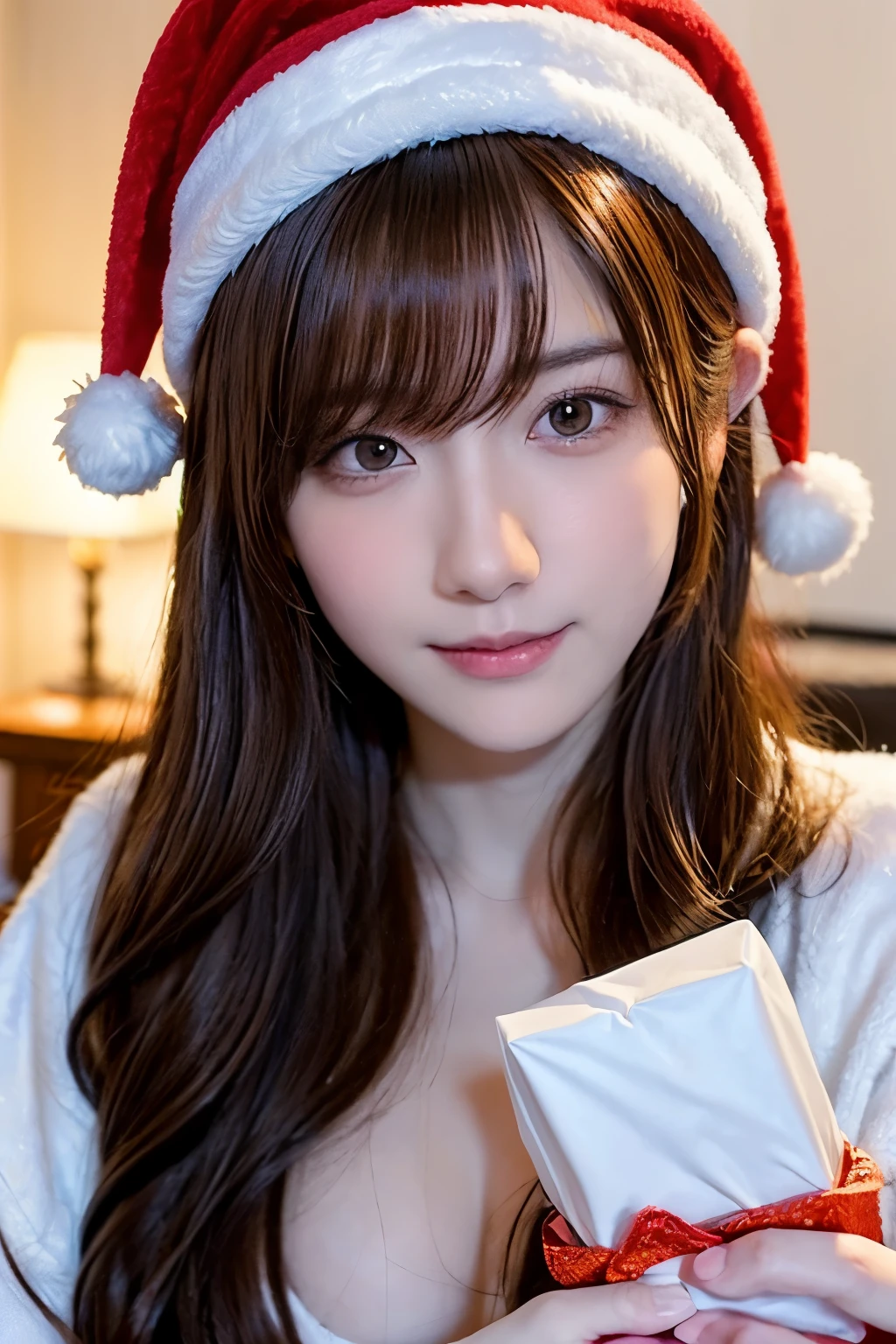 winter night, lying down on the bed, a girl dressed as Santa Claus hat, lots of gift boxes, fidgeting, with a shy smile, blushing, wavy long length hair, pale orange and brown hair, pompadour hairstyle, twisted bangs, beautiful white-colored translucent skin, slendar figure, adult sexiness, alluring, glossy face, cold and shivering, with the main character posed in the nearly center, close-up shot, {realistic}, {cinematic}, {photogenic}