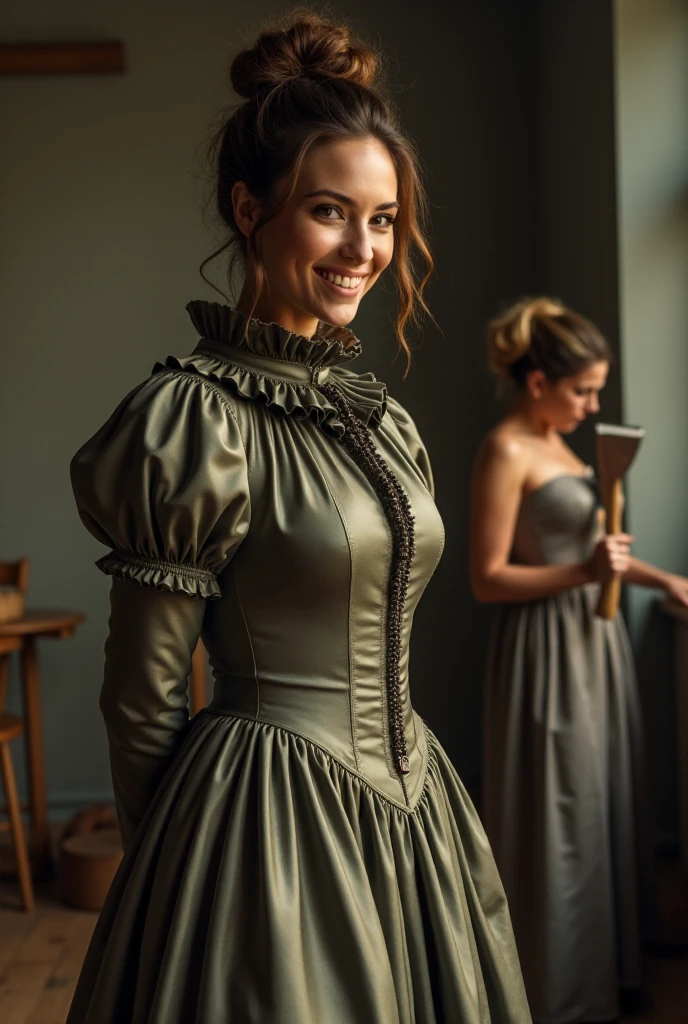 A realistic photograph close up, cheerful, of a stunning smiling model with a messy hair bun, the model is wearing a shiny high neck victorian dress without a zipper, and with huge puff sleeves, and a very high stiff stand-up collar with a big ruffle on the top, the model has her arms behind her back, the model is bend down on the floor, two females force the model bowing over and putting her head down on a wooden chopping stump standing before her, with a third female who is holding a huge cleaver standing close