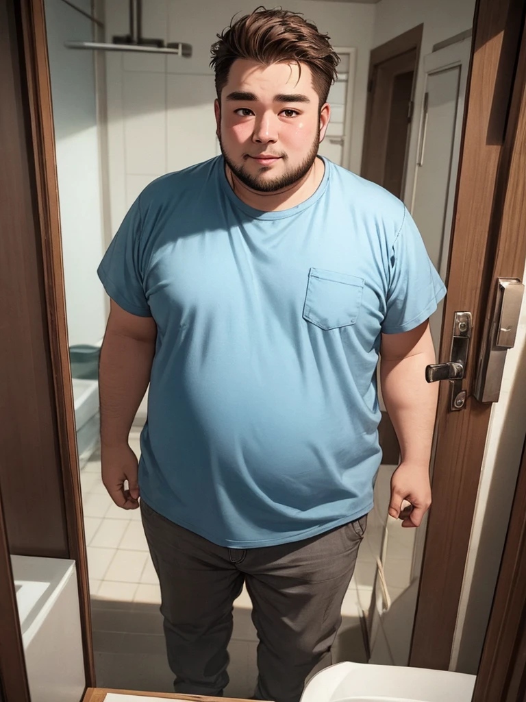 Thick Japan middle-aged man in his 50s, 1man, dwarfism, Standing look down with shrugs, hands between legs, waddle, Bowleg, crew cut, Wearing a light blue short sleeve and white diaper, Pampers, Bare legs, shy, tearful, sob, Bowleg, prison, a picture, high detail photo, Masterpiece