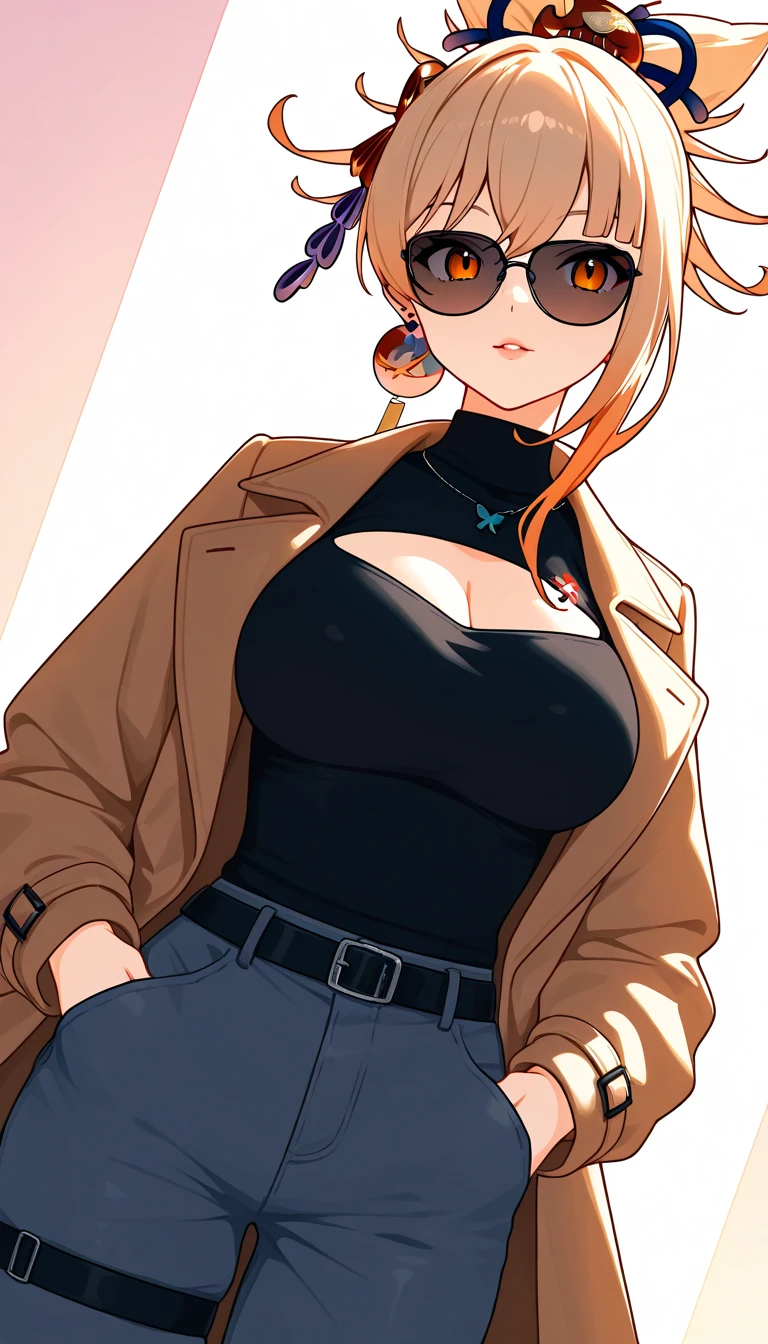 1girl, sunglasses, brown coat, dark turtleneck, small earrings, baggy jeans, plain background, 8k, highres, dramatic lighting, cinematic, elegant, beautiful detailed eyes, beautiful detailed lips, extremely detailed face, long eyelashes, fashion portrait, ft colors, pastel colors, warm tones, full body shot, mature female, thigh strap,skin pores, score_9, score_8_up, score_7_up, (sfw), (cowboy shot, dutch angle:1.2), big breasts, dynamic angle, cleavage ,mature female, yoimiya, bangs, blonde hair, hair ornament, hair between eyes, ponytail, sidelocks, orange eyes, light brown hair,whole body,(negative_v2 Color_Balance_Calibration:0.8), Stable_Yogis_Animetoon_Negatives, negativeXL_D, aidxlv05_neg