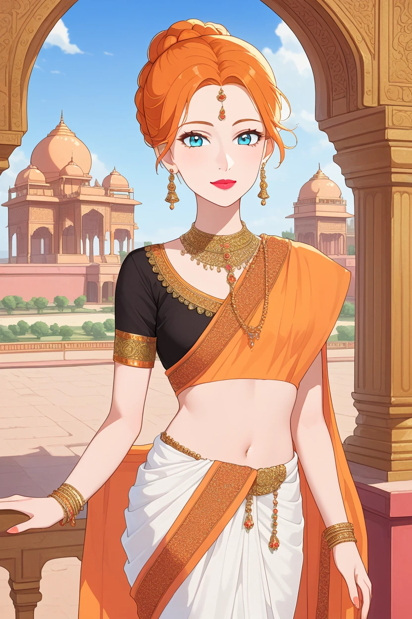 summer.smith, orange hair, 1girl, braid,bun, eyeshadow,lipstick,bindi, saree,,  cowboy shot, palace backround