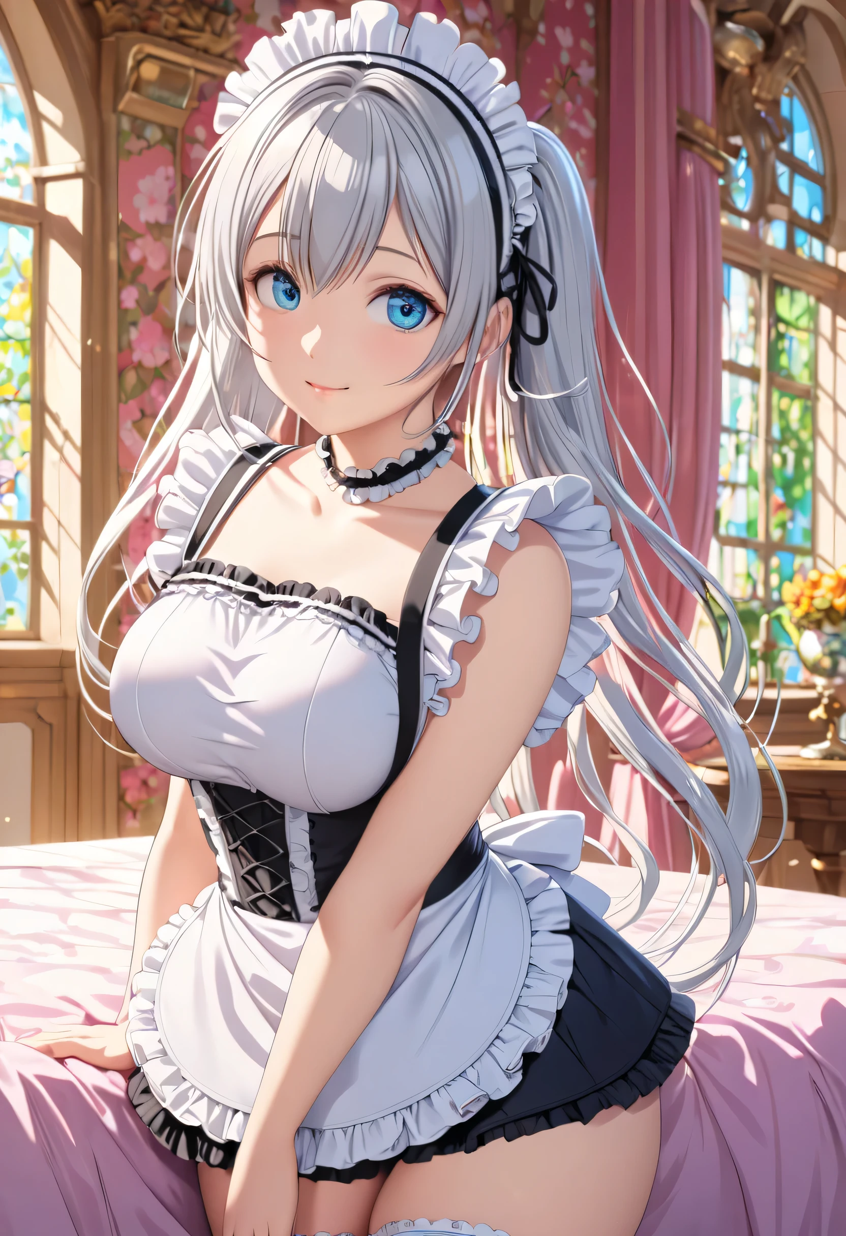 ((moe anime character)),  ((nsfw)),  ((exposed breasts)),  ((ultra-detailed)),   (highly detailed CG illustration),  (best quality:1.2),  ultra-,highly detailed,  colorful composition, artistic photoshoot, 1girl, solo focus,  ((thigh to top:1.4)), ((cowboy shot:1.4)), cute maid girl, dainty facial structure, , rounded chin, (ideal ratio body proportions), (wearing oval glasses with a lightweight metal frame), in seireigensouki style, wearing a frilly maid outfit,  (silver hair color:1.3), twintail hair, ((blue droopy eyes:1.4)),  pink cheek,  blush,  pale pink lips,  ((curvy upper arm:1.4)),  revealing breastless clothes french maid uniform, maid headdress, pure white lace panties,  look at the viewer as if you were looking at someone you love,  standing by the window in a room decorated in rococo style, portrait, depth of field, soft lighting, sidelighting, (shine), lighting, caustics, ray tracing, (smile), perfect face, lustrous skin, highly  detailed face, highly detailed eyes, perfect face, perfect nose, perfect hair, perfect eyes, perfect anatomy, beautiful hair, beautiful small face, extremely detailed face, beautiful detailed eyes, beautiful clavicle, beautiful body, beautiful huge breasts, leavage, breasts squeezed together, equalize the size of the left and right breasts, small pale pink nipples,  beautiful thighs,  beautiful legs, beautiful fingers, lovely, (very detailed background:1.0), (highly detailed background:1.0), spring aesthetic, intricate details, joyful atmosphere, spring colors palette, chromatic aberration